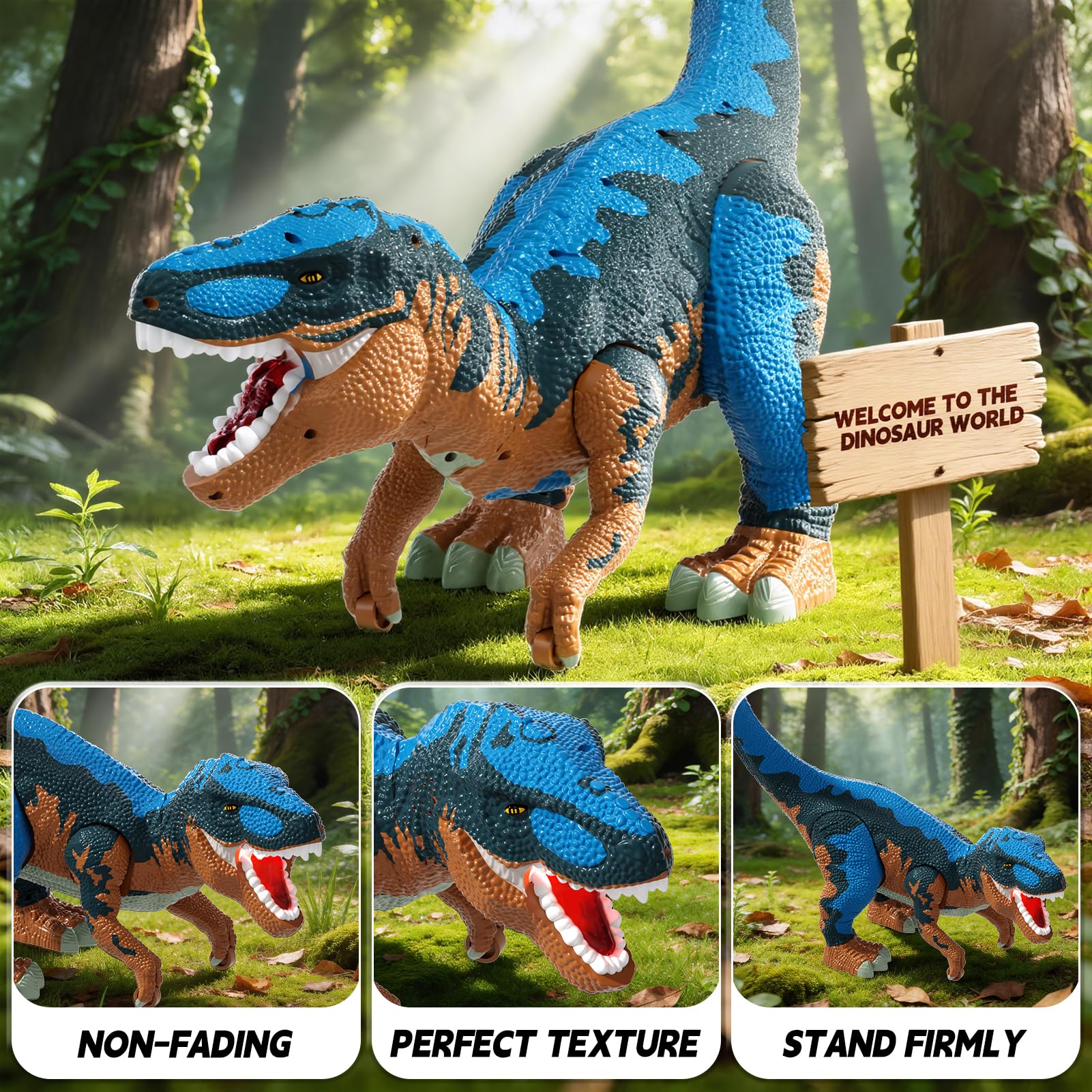 Figura de Dinosaurio de 24 Pulgadas con Ruedas Móviles, Rugido y Spray de Neblina – Cabeza y Cola Extraíbles, Contiene 10 Mini Dinosaurios – Juego Interactivo para Niños (Azul