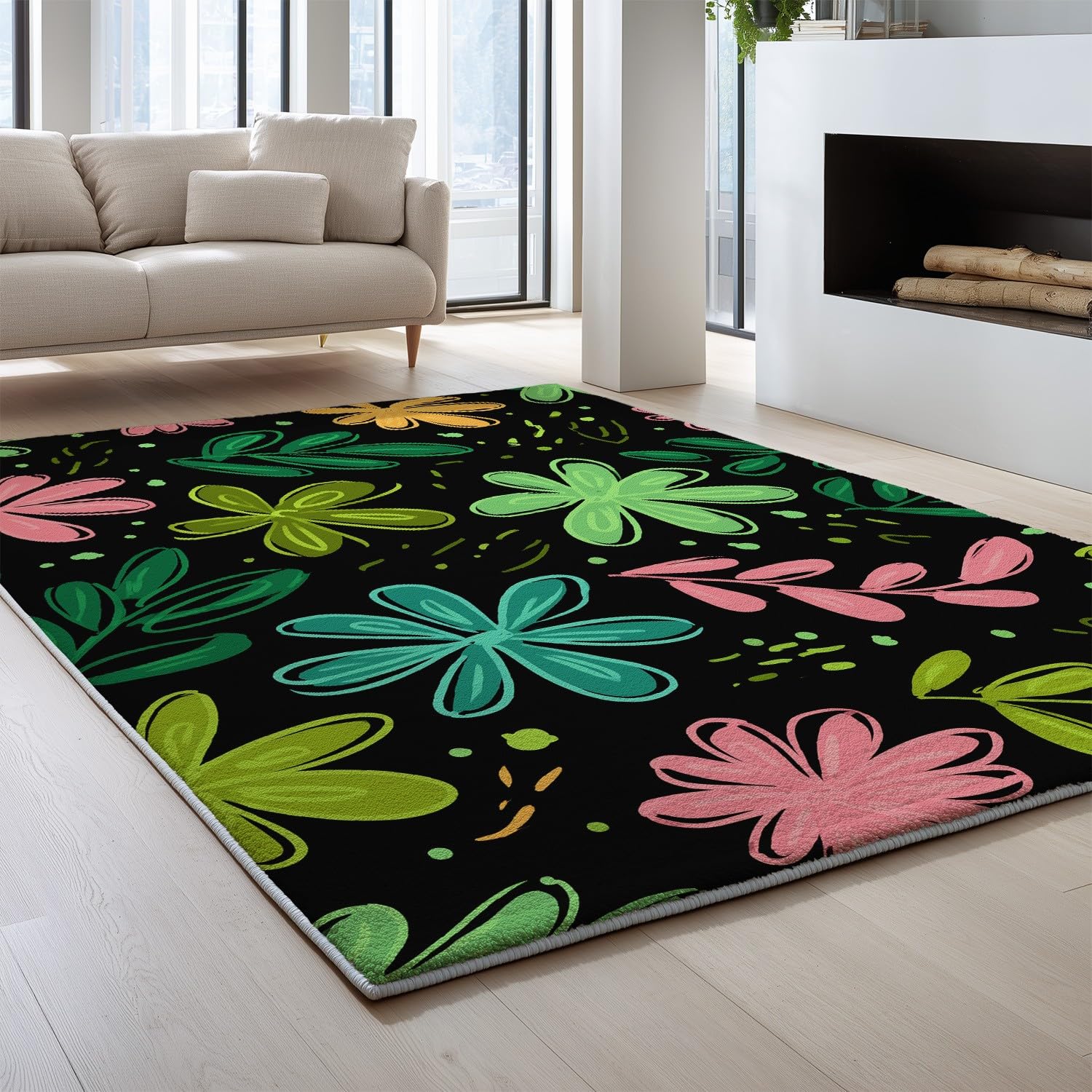 Ogólny wykwintny kwadratowy dywan flanelowy 160 x 230 cm – nadaje się do prania i antypoślizgowy, graffiti, minimalistyczny, bajeczny dywan roślinny, do sypialni, biura lub jadalni, kolorowy
