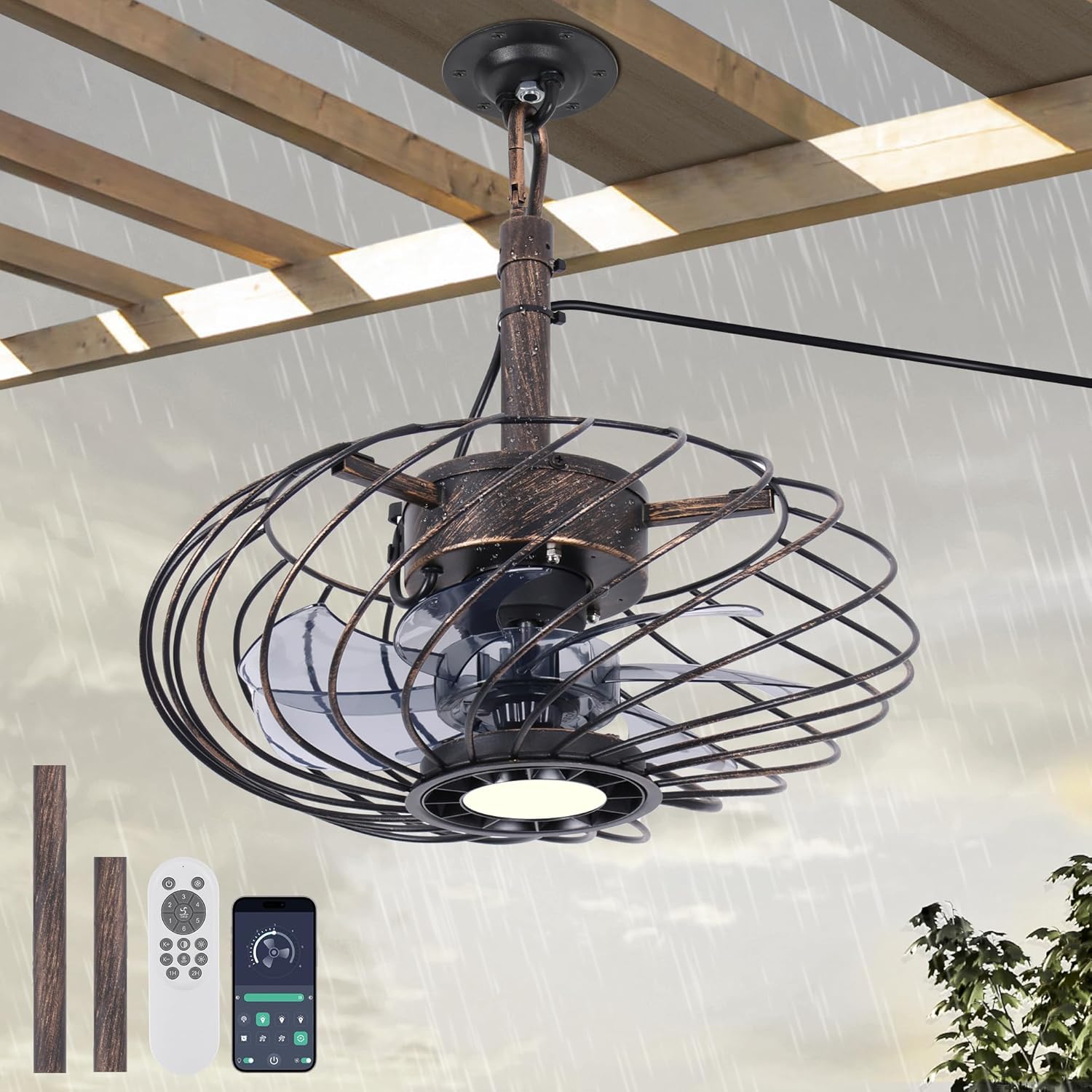 15" Outdoor Ceiling Fan with Light, Waterproof Gazebo Fan Remote Control, Dimmable LED Light, Hanging Black Caged Ceiling Fixtures with Plug in Cord for Patios Pergola, Black Gold