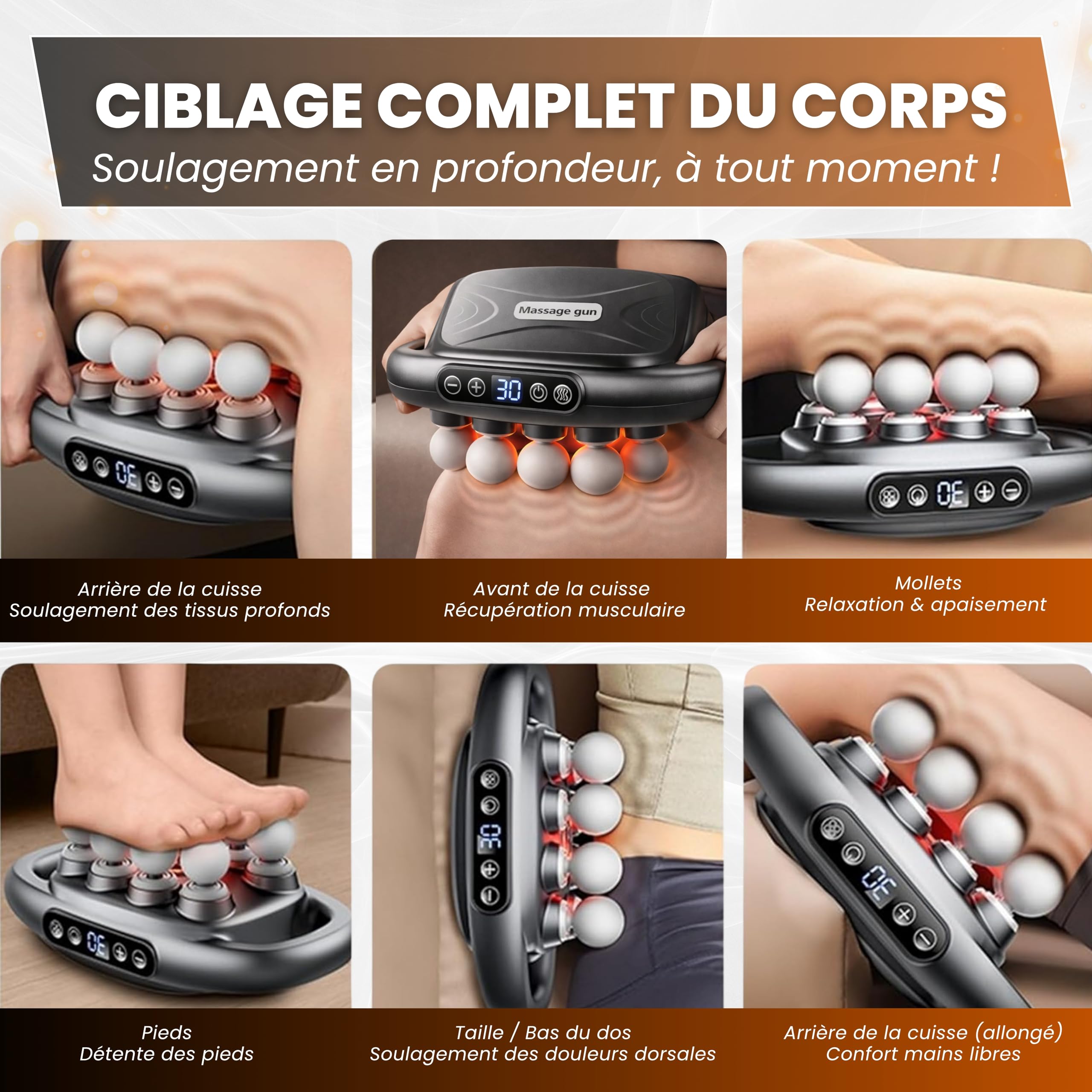 BeFit24 Pistolet de Massage Professionnel avec Chaleur & 16 Têtes, Massage Musculaire Profond Anti-Douleur, Récupération Musculaire Dos Cou Épaules Jambes, Sans Fil USB-C