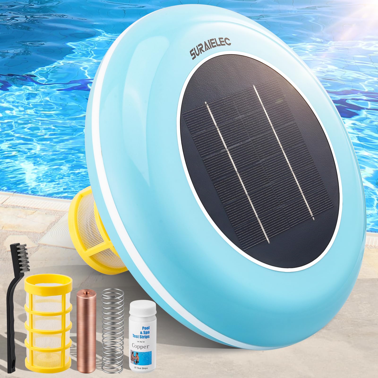 SURAIELECSolar Pool Ionizer, Copper Pool Ionizer for above Ground Pool, Chlorine-free Sun Shock Pool Purifier with Copper Anode, Floating Pool Cleaner Up to 45000 Gallons, Fresh & Salt Water