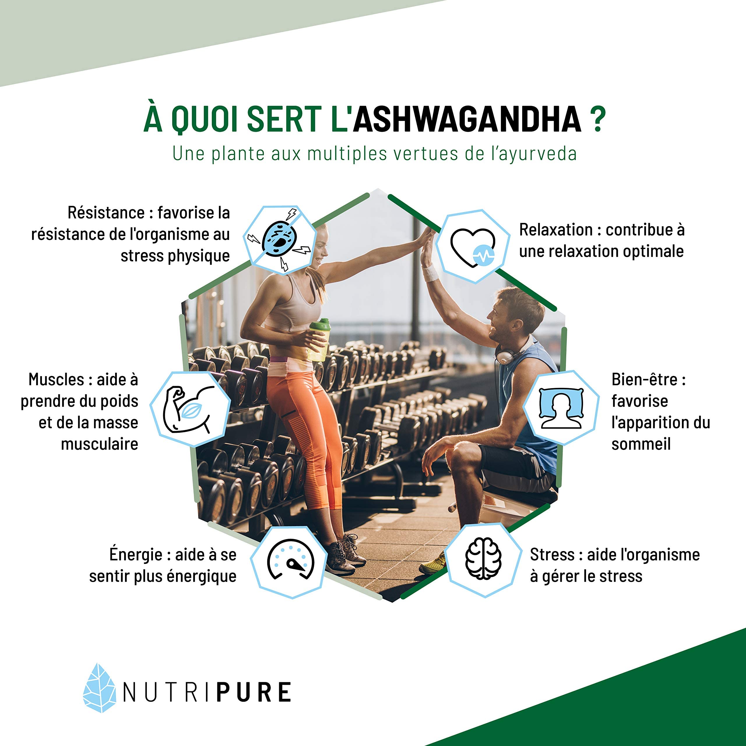 Nutripure | Ashwagandha Bio KSM66® | Plante Adaptogène de l'Ayurvéda | Vegan | Complément Alimentaire Bien-être Intellectuel et Physique | Stress, Anxiété | 60 gélules | 1 Mois | Fabriqué en France