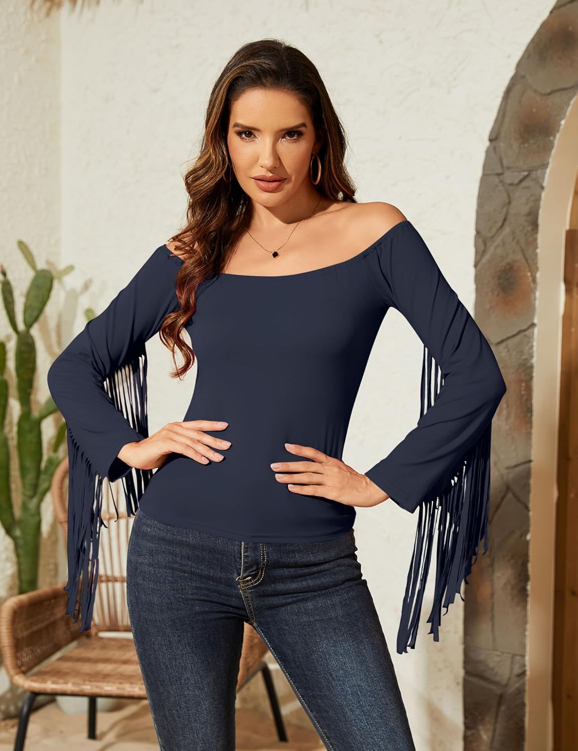 Fringe Tops for Women Western Cowgirl Off The Shoulder Fall Long Sleeve with Tassels Stretchy Crop Shirts Blouses - Image 3