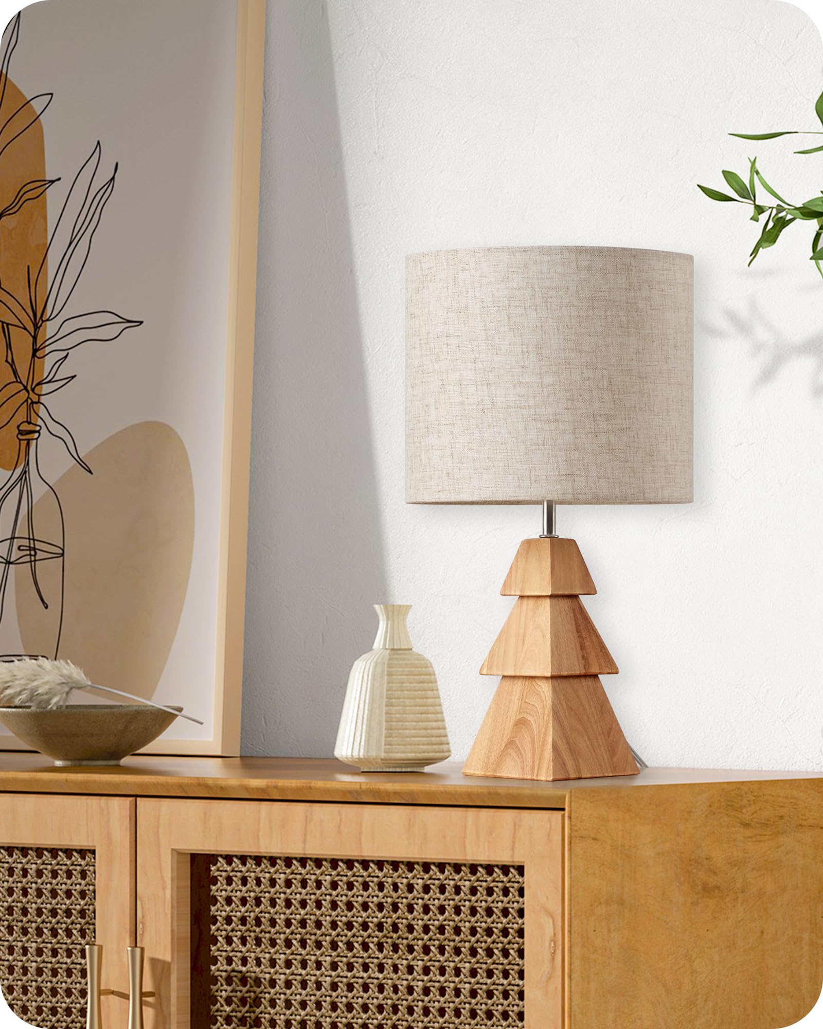 GOEBLESON Small Table Lamp, Wood Desk Lamp with Tree-Shaped Base & Linen Lampshade, Bedside Lamp with Cable, E27 Base