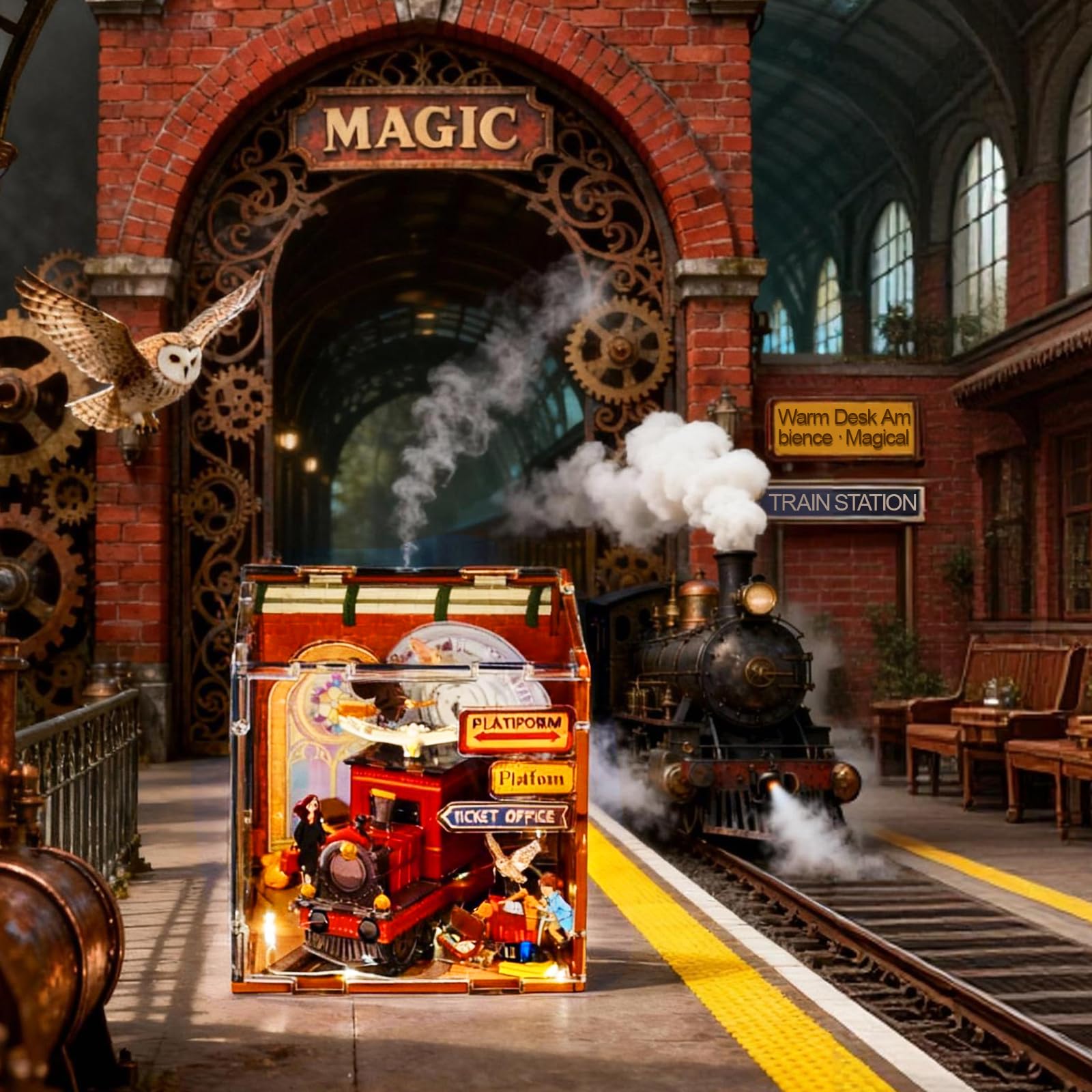 Sosuy Magic Train Station Book Nook Kit: Acrylic Train 3D Puzzle Model with Lights, Magical Platform Scene Wizard - Image 4