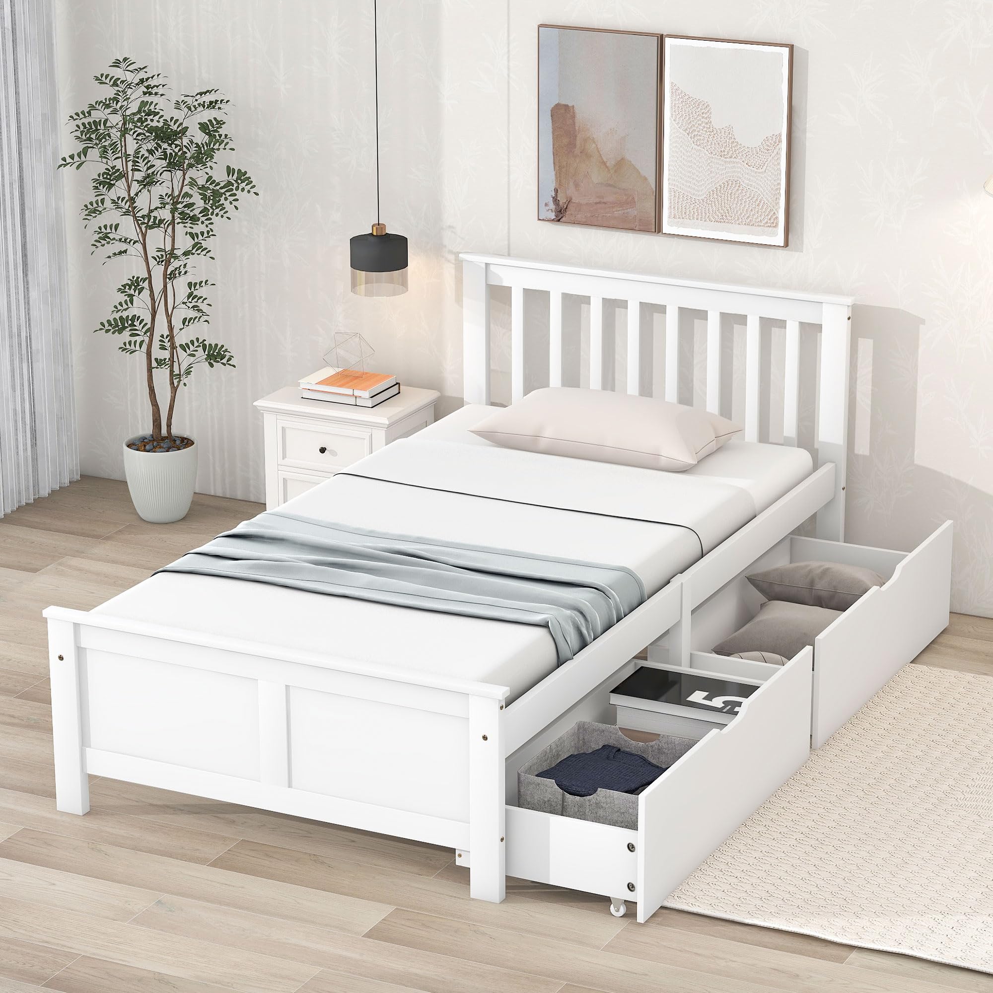 ModernLuxe Bett 90 x 200cm mit Schubladen, Einzelbett/Doppelbett mit Lattenrost und Kopfteil Bettgestell Holzbett Jugendbett Massivholz Bett (90 x200 cm)