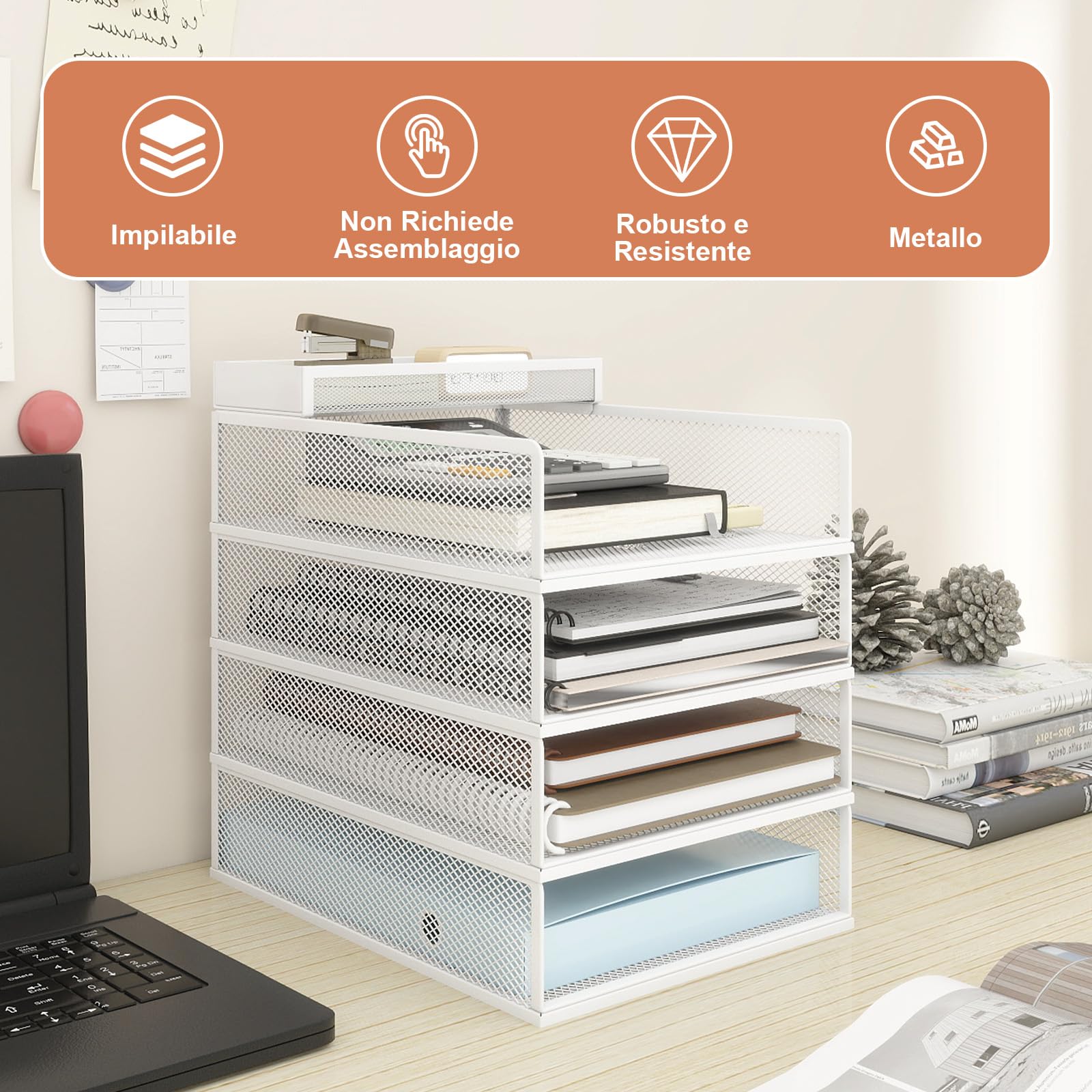 PUNCIA Porta Documenti da Scrivania in Metallo a 4 Livelli Organizer | Documenti Vassoio Porta Documenti Accessori Ufficio Vassoio per Lettere A4 Tavolo per Ufficio Domestico e Scola (Bianco)