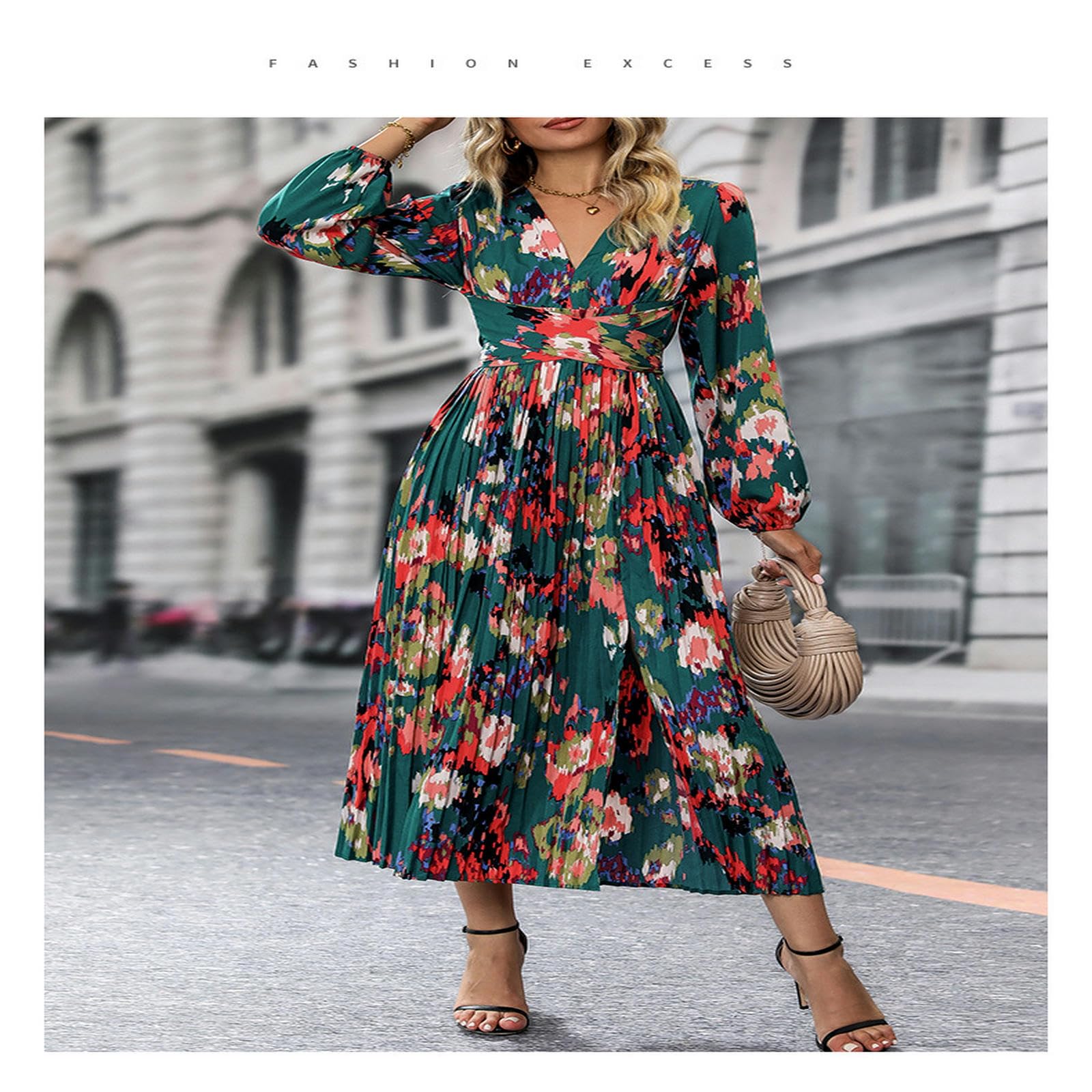 Vestido largo de gasa de manga larga con cuello en V, elegante vestido de fiesta floral fluido, para mujer. YYEFNMAZ