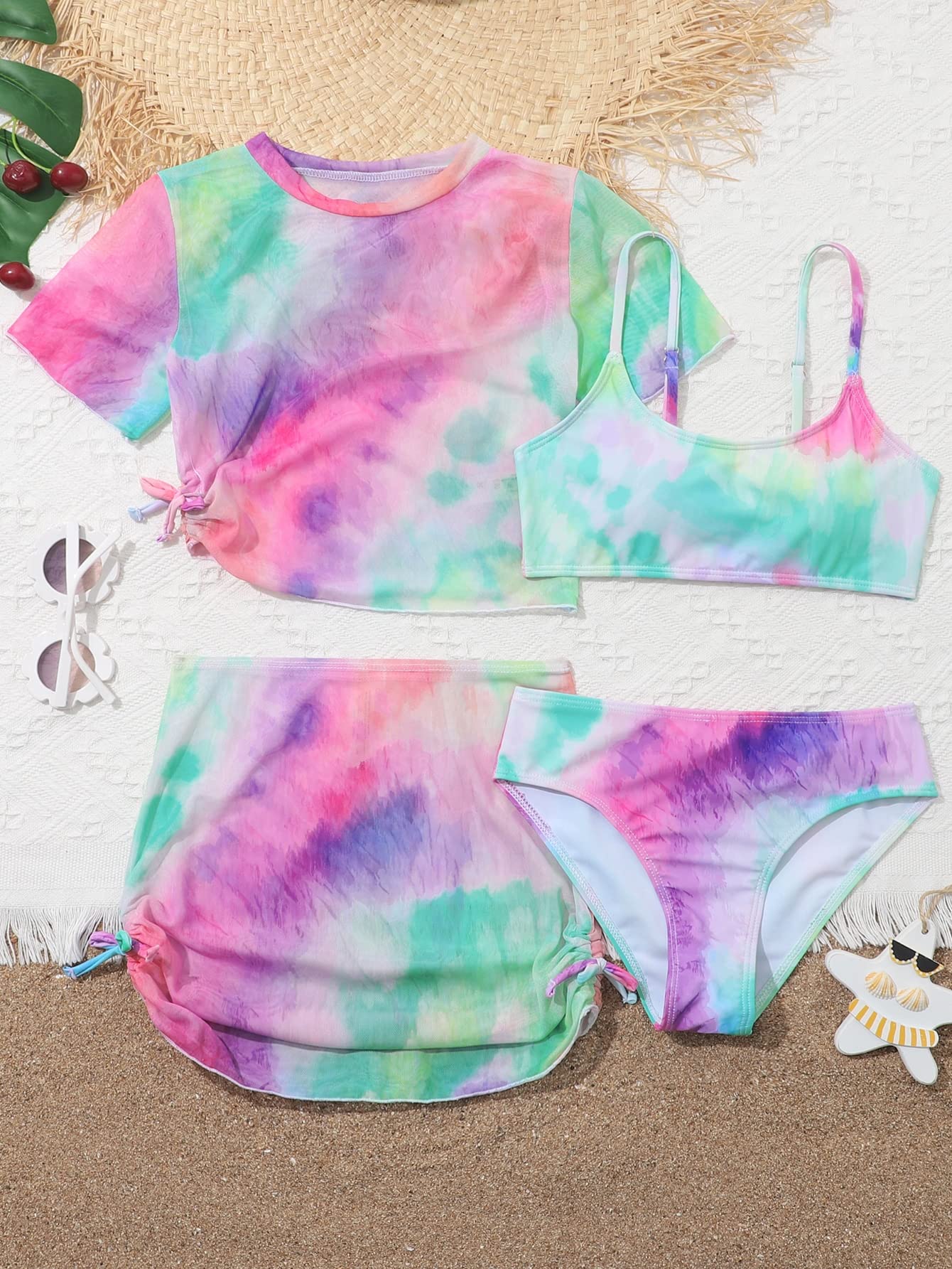 Milumia Girl's 4 Pieces Tie Dye Swimsuits Spaghetti Strap Bathing Suits with Coverup Top and Skirt Multicolor 10 Years