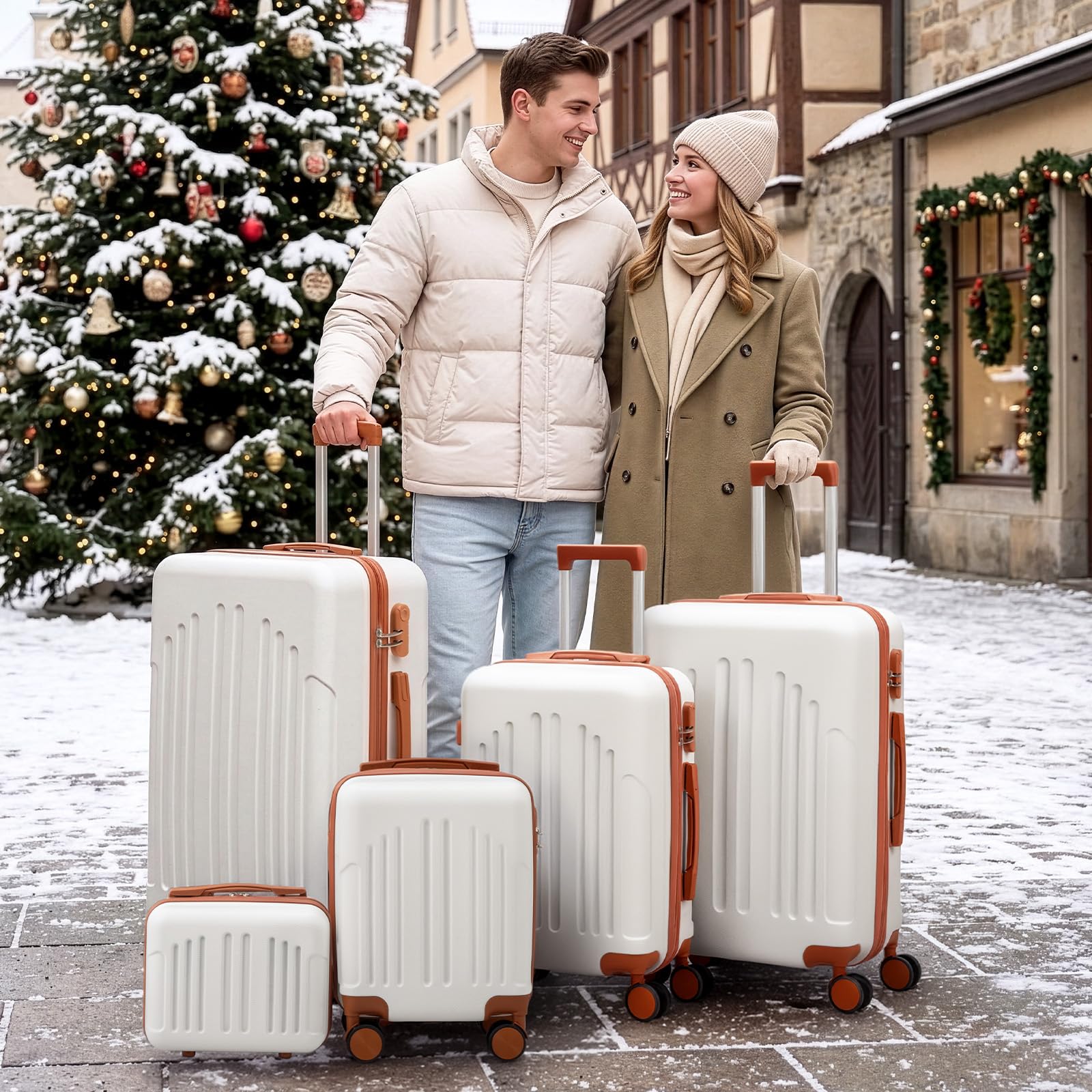 LALAHO Kofferset 5 teilig mit Kosmetikkoffer, Hartschalen Koffer Set aus ABS, Reisekoffer Set, Gepäckset mit Schminkkoffer, Handgepäck, Beige-Braun