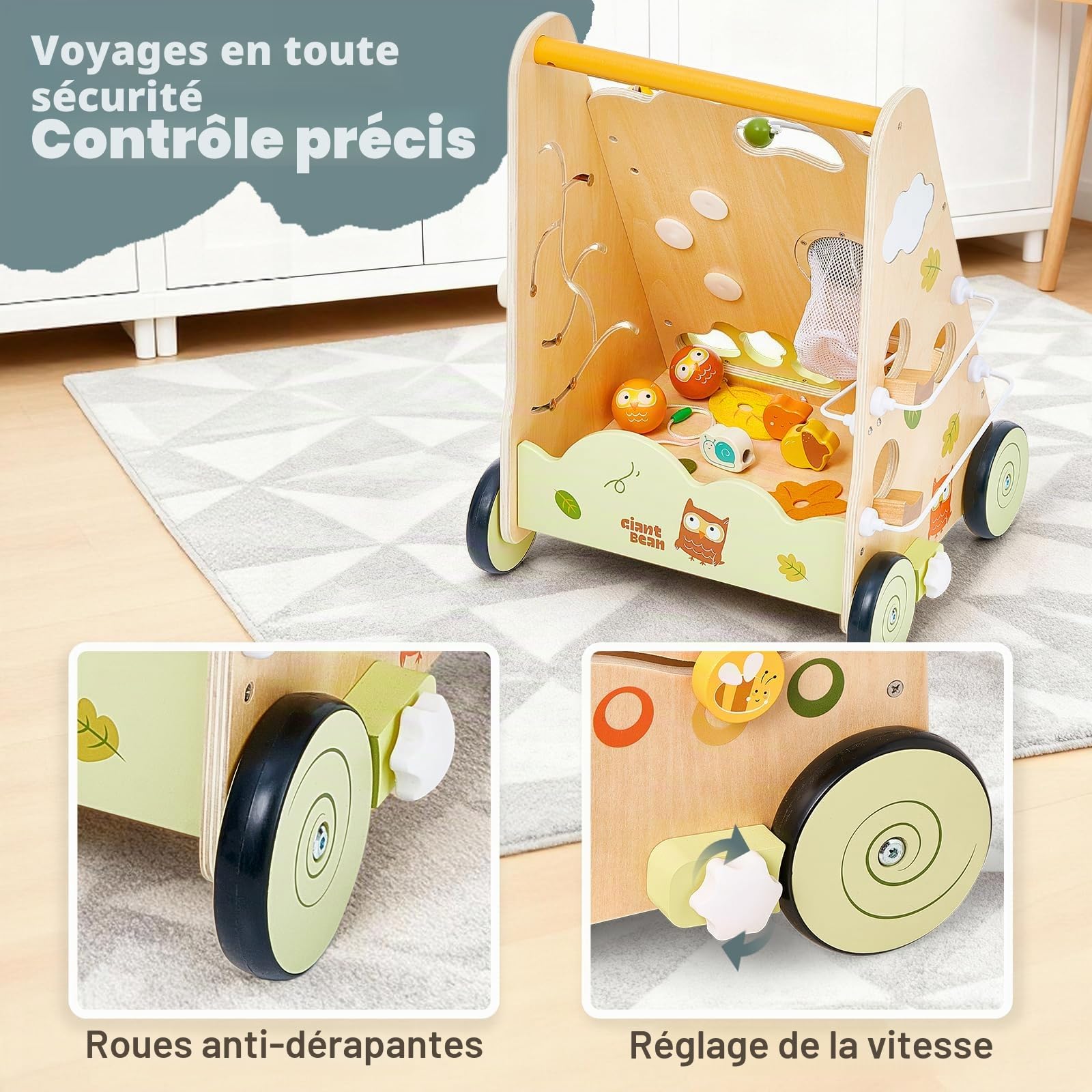 Trottinette bébé en bois multicolore – Aide au jeu et à la marche avec centre d'activités 8 en 1, vitesse réglable et roues antidérapantes pour enfants à partir de 1 an (design hibou)