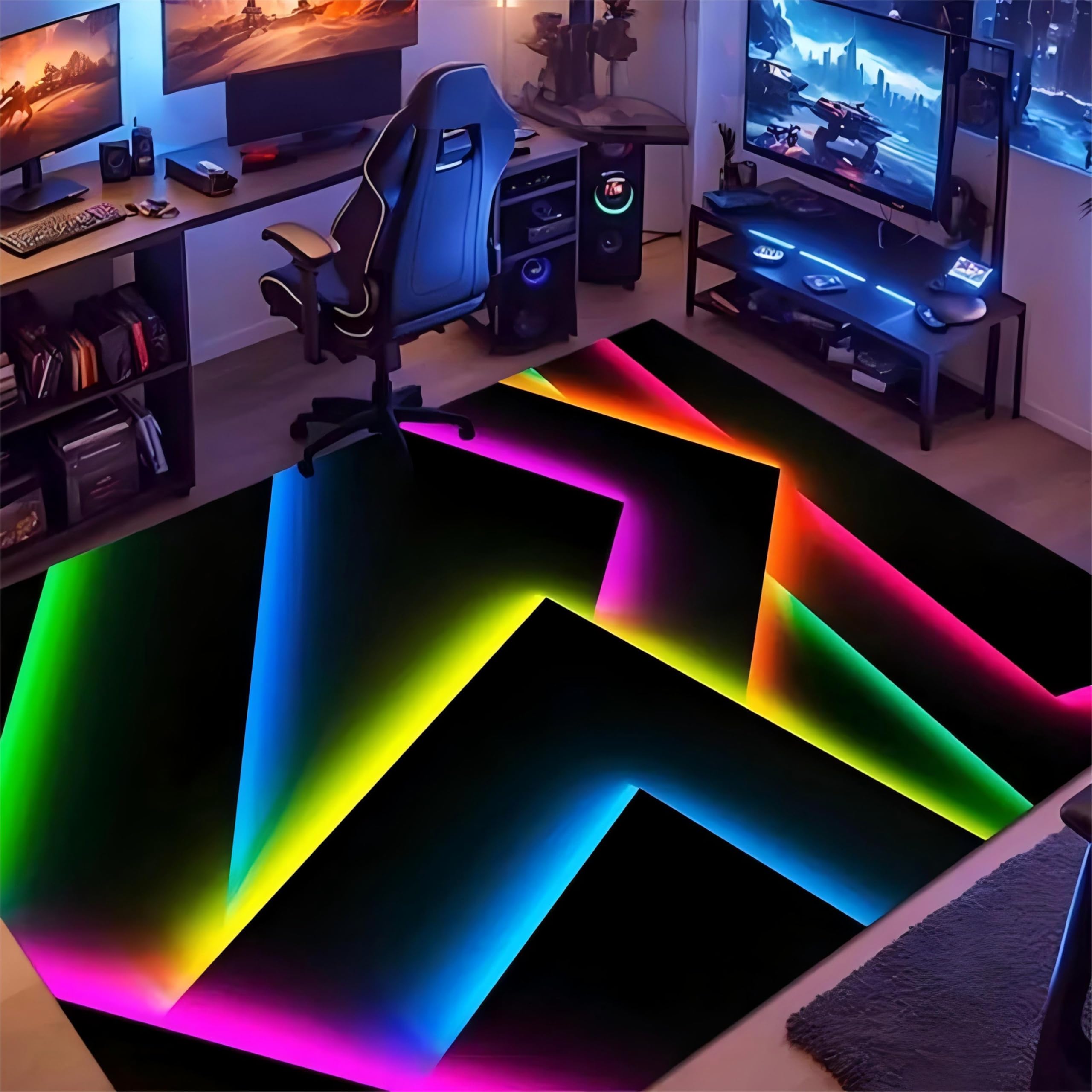 Kuluoits Geometric Rug for Living Room,60x110cm, 3d Optical Illusion Color Line Print Cool Rug, Fashion Chic Black Carpet for Boy's Room, Decorative Rugs for Playroom, Living Room, Bedroom, Dormitory