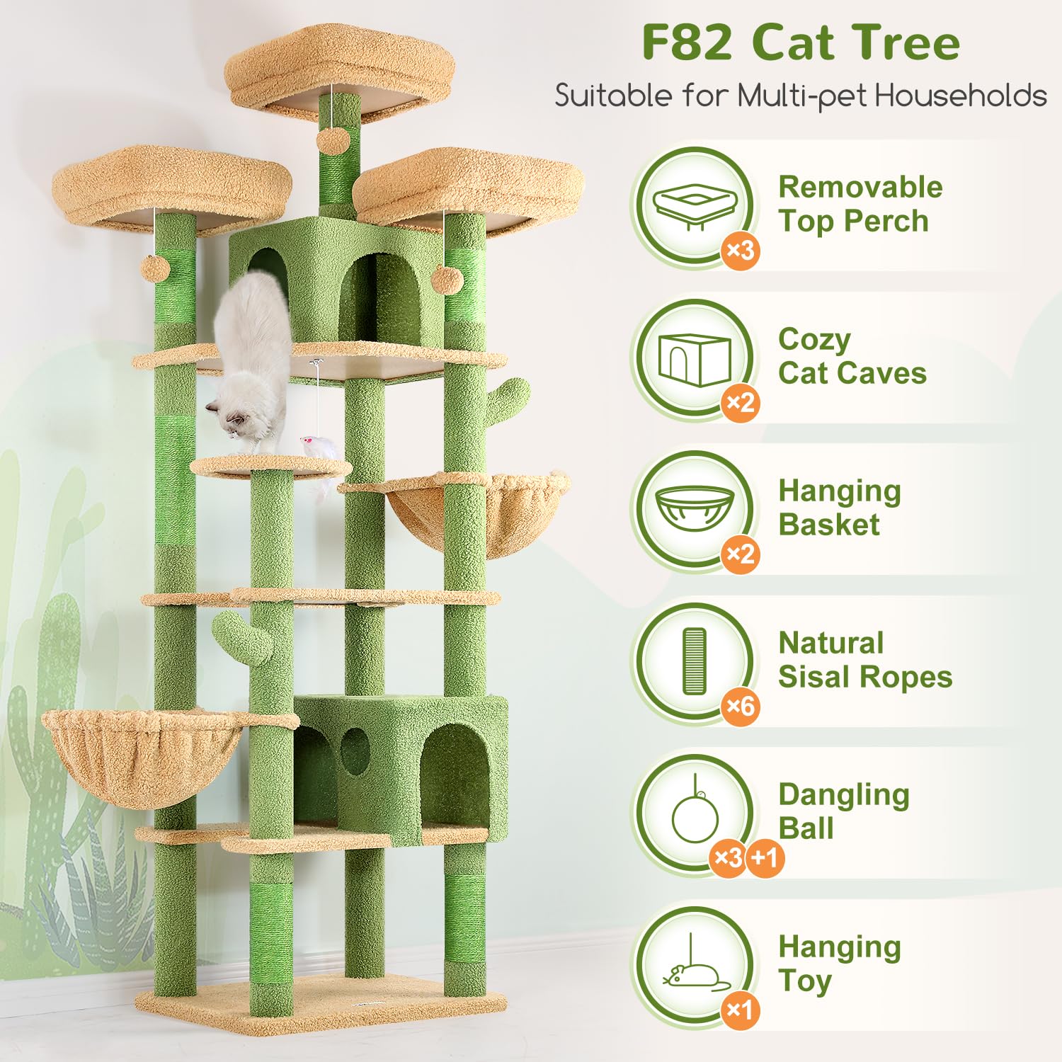 Globlazer Rascador para Gatos Verde Cactus XXL 209 cm con 3 Perchas Acolchadas, 2 Nidos, 2 Cesta, Grande Plataformas, Juguetes de Peluche, Lujo Árbol Rascador para 3-5 Gatos Interior (F82, Verde)