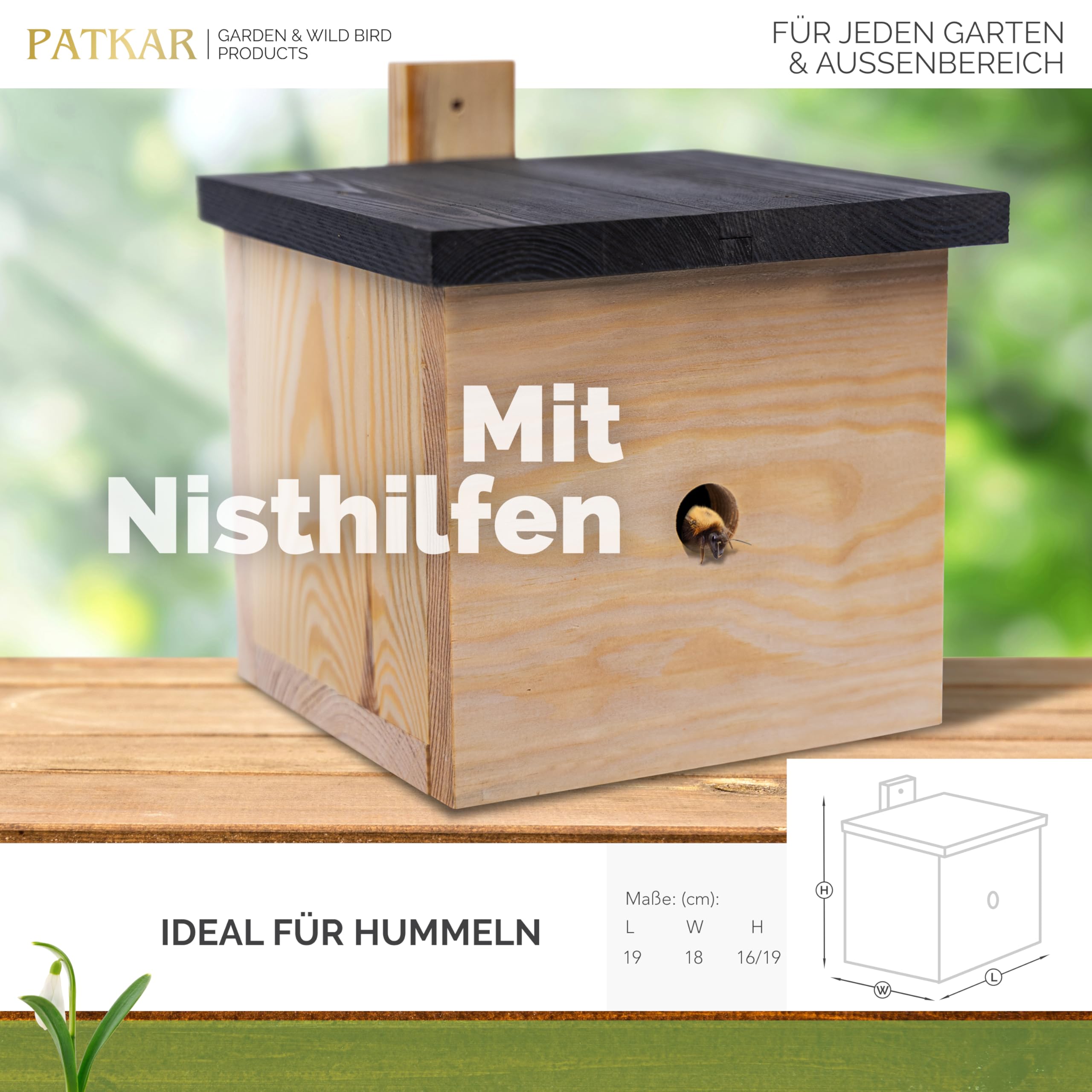 PATKAR® Hummelhaus Hummelkasten [EXTRA STABIL] - Insektenhotel Bienenhotel wetterfest & windfestes Kiefernholz (Made in Europe) - Wildbienenhotel Bienenhaus für den Garten - Gebrauchsfertig montiert