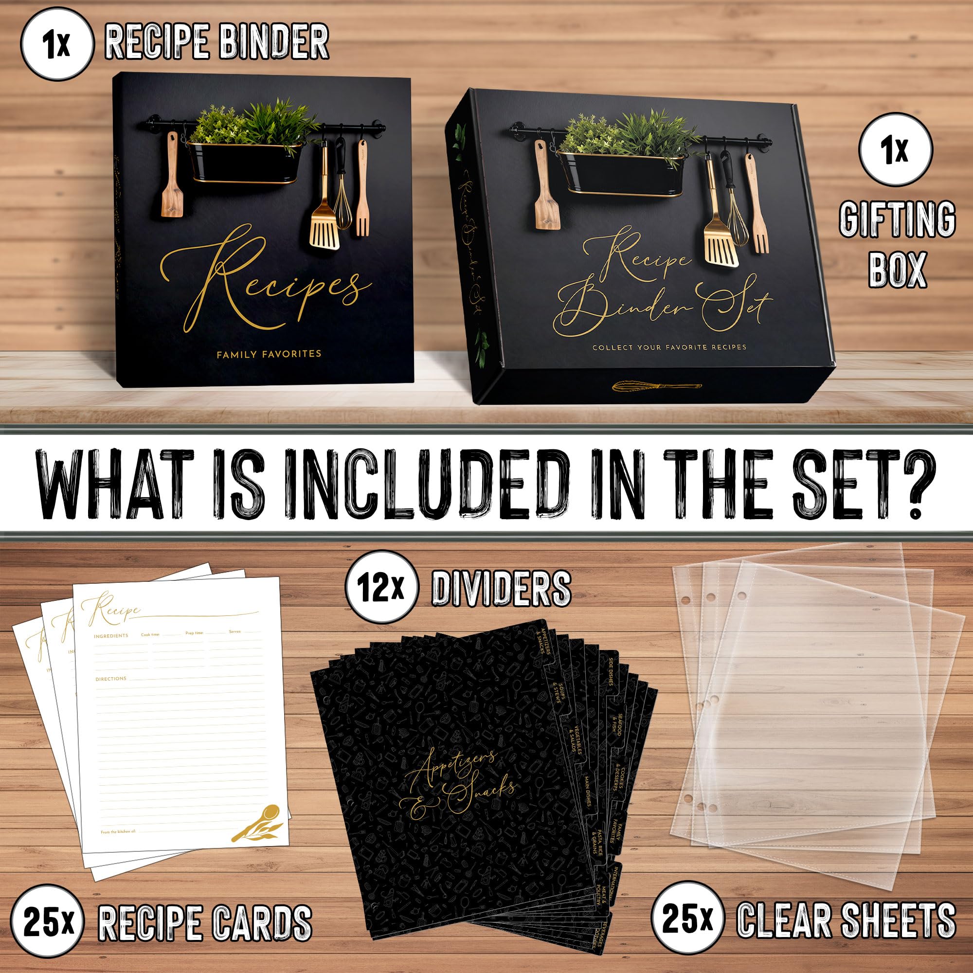Carpeta de recetas familiares (11 x 12 pulgadas), carpeta organizadora de recetas de 3 anillos con fundas de plástico, tarjetas de recetas, separadores y caja de regalo (negro y dorado)
