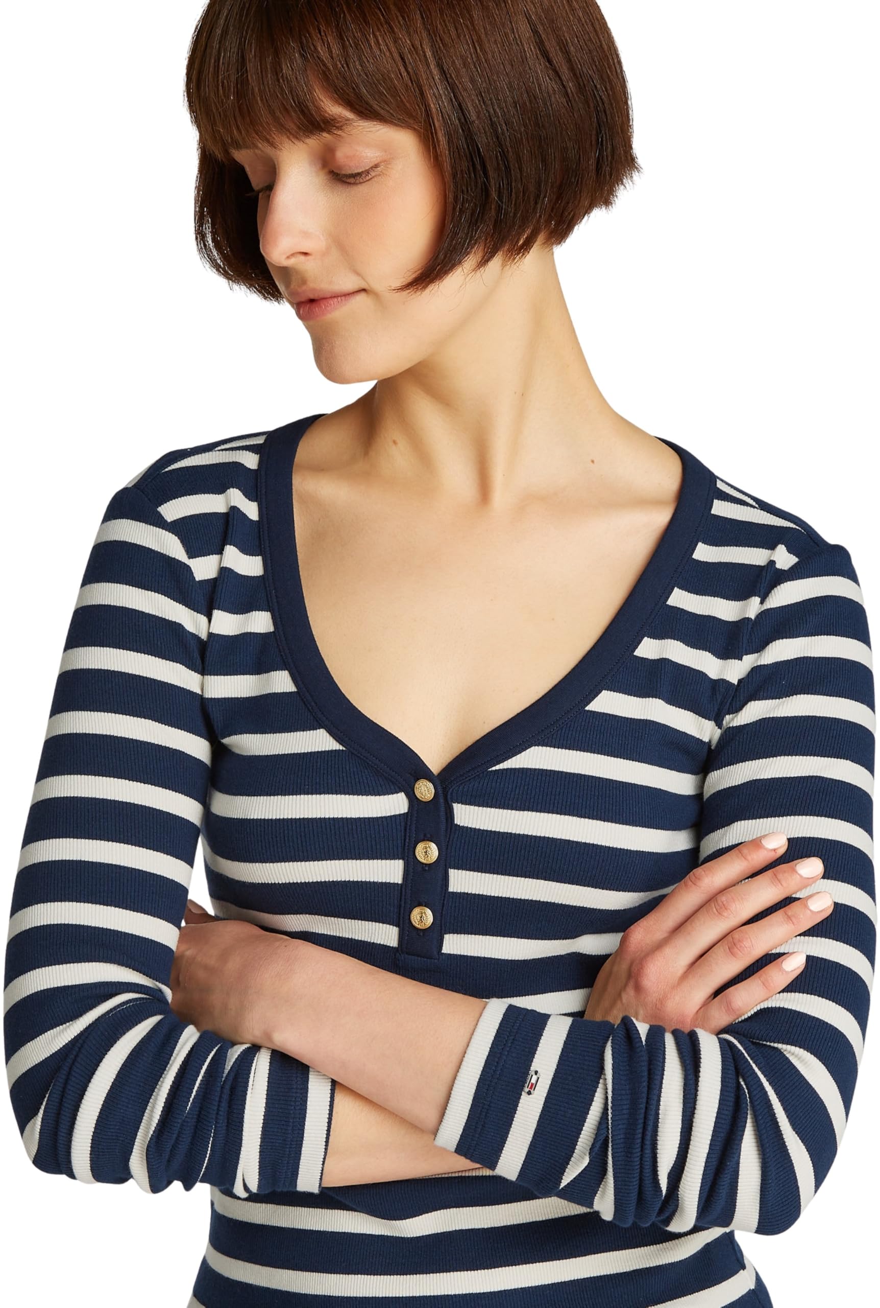 Tommy Hilfiger Camiseta de Manga Corta Mujer Slim Henley con Botones
