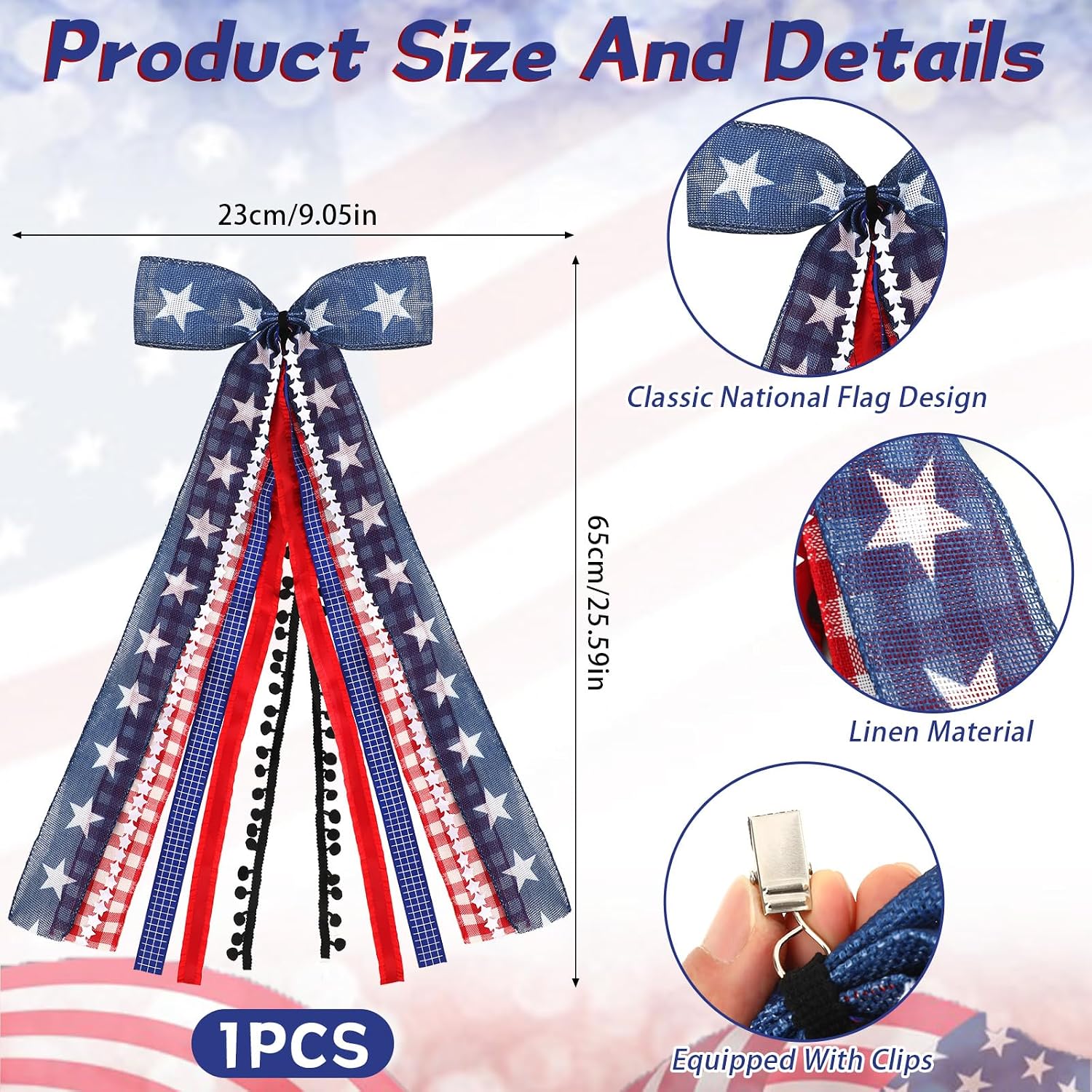DECYOOL Large Patriotic Wreath Bow, 4th of July Bows 25.6" Red White Blue Star Memorial Day Decor Wreaths Sash Ribbon Bow for 4th of July Independence Day Veteran's Day Front Door Indoor Outdoor Decor