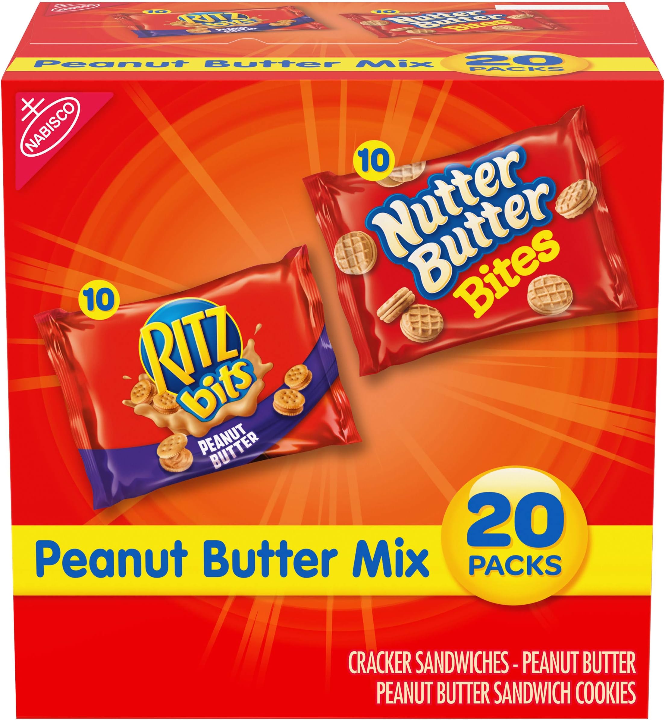 Nabisco Peanut Butter Mix Variety Pack, RITZ Bits Peanut Butter & Nutter Butter Bites, 1 Box of 20 Snack Packs, 20 Count (Pack of 1)