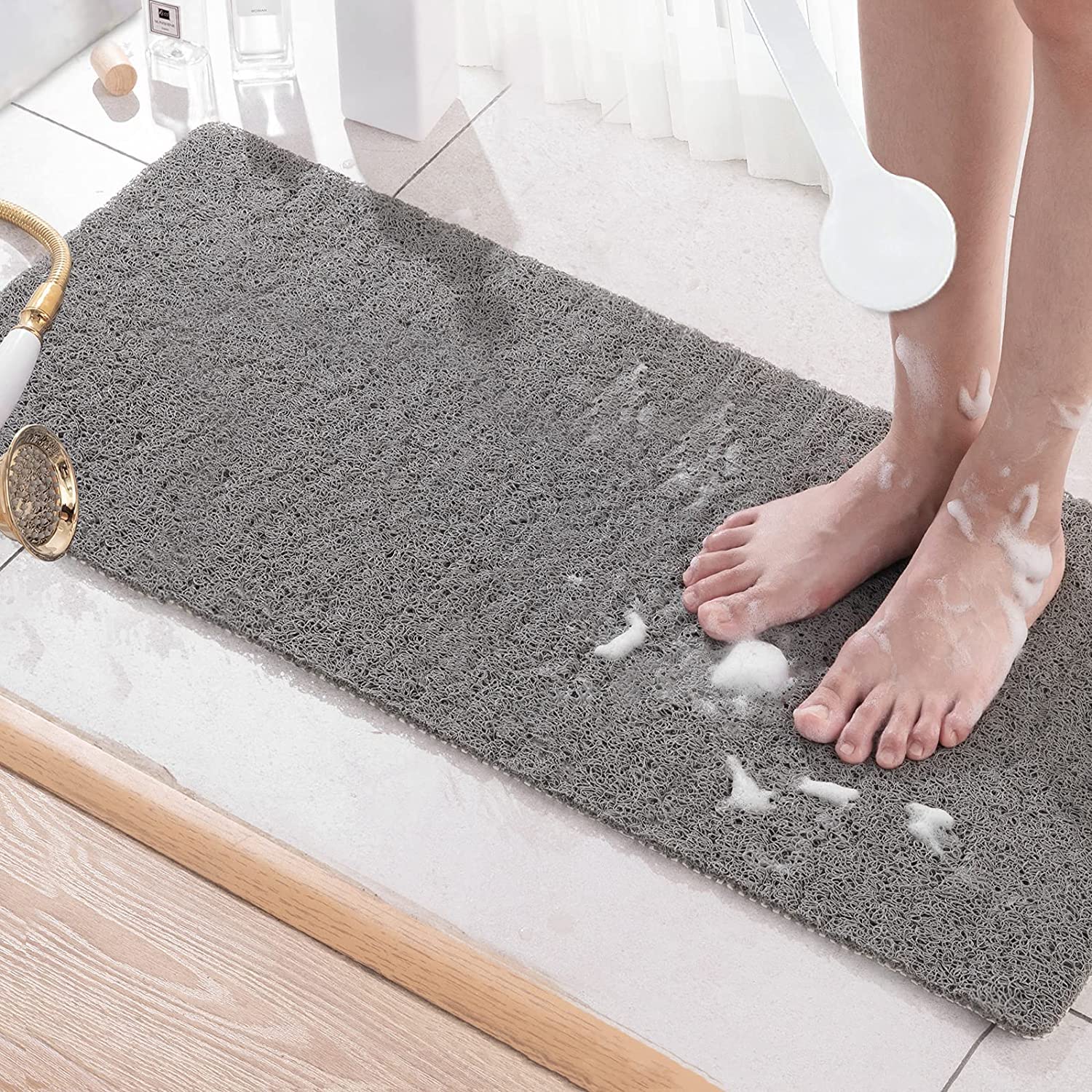 Douchemat, 60 x 90 cm grote antischimmel PVC loofah badmat voor badkamer natte ruimte badkuip, antislip luffa binnen douche vloermatten, sneldrogend