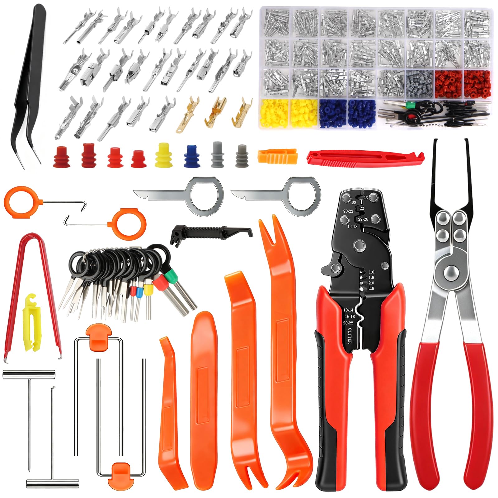 Kit connecteurs auto 833 pièces avec pince à sertir, outils de démontage garniture, extracteurs de relais/fusibles, cosses et bouchons étanches pour voiture, moto, bateau
