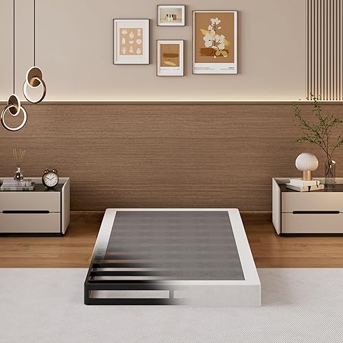 Base de colchón de metal de perfil bajo de 4 pulgadas, base de colchón con cubierta de tela, fácil montaje