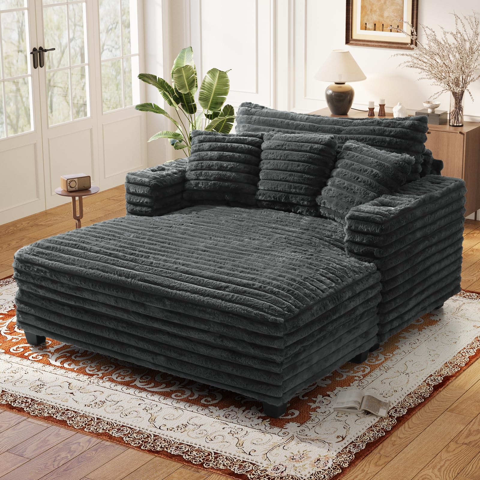 60" Chaise Lounge Chair Indoor, Upgraded Oversized Comfy Sofa Bed, Fluffy Plush Faux Fur Sleeper Couch Lazy Chair Bed, Reading Chairs Cloud Couches for Living Room,Dark Grey Dark Grey Set of 1