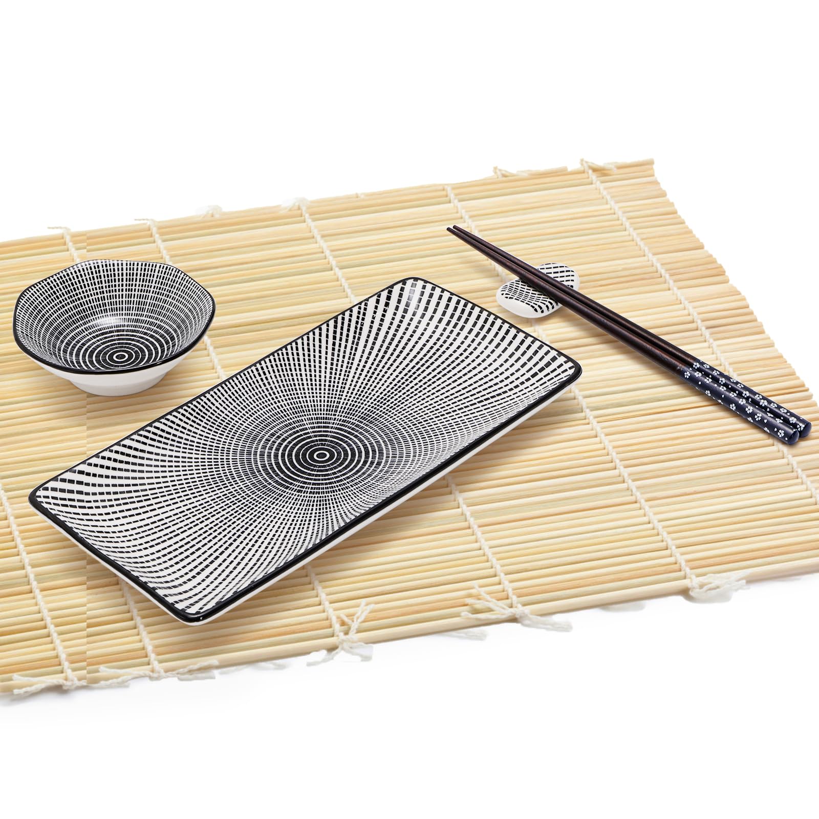 Juego de 8 platos de sushi de cerámica, para 2, vajilla japonesa de sushi para inauguración de la casa, incluye 2 platos para servir, 2 cuencos para salsa, 2 pares de palillos, 2 soportes para 7