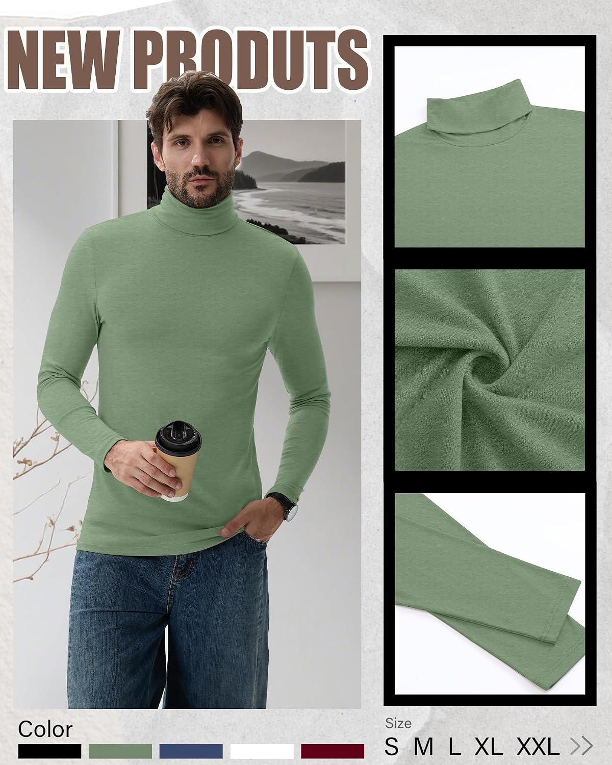 Huukeay 5 Pack Mens Turtleneck Shirts Long Sleeve Pullover Sweaters Casual Tops Slim Fit Knitted Soft Basic Tee