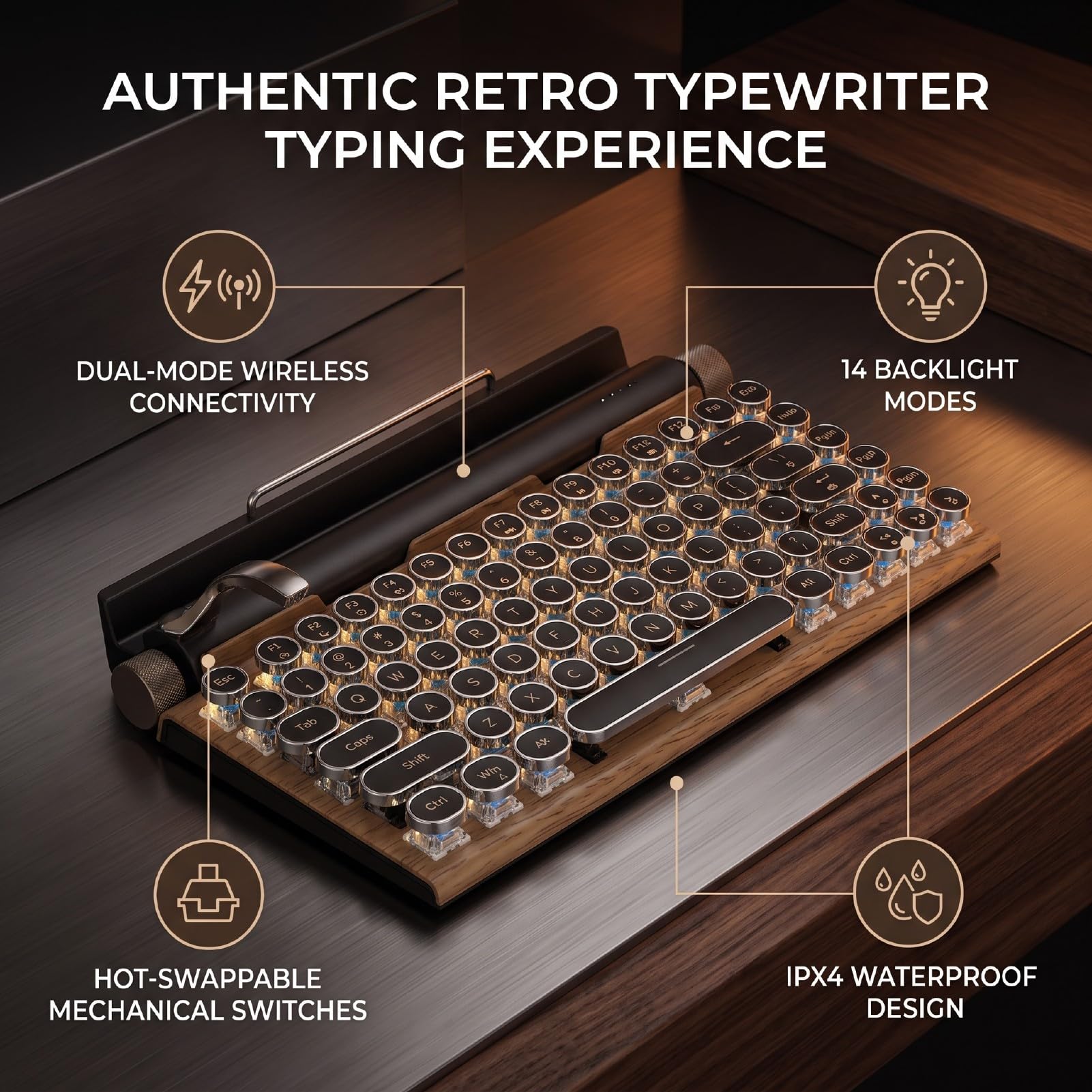 Clavier Mécanique Style Machine À Écrire Rétro, Tri-Mode (Couleur