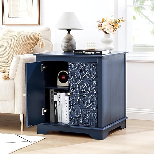 Miniatura 8 de Mesa auxiliar de granja con puerta floral tallada, mesita de noche de 24 pulgadas de ancho con estante ajustable, mesa auxiliar cuadrada de madera