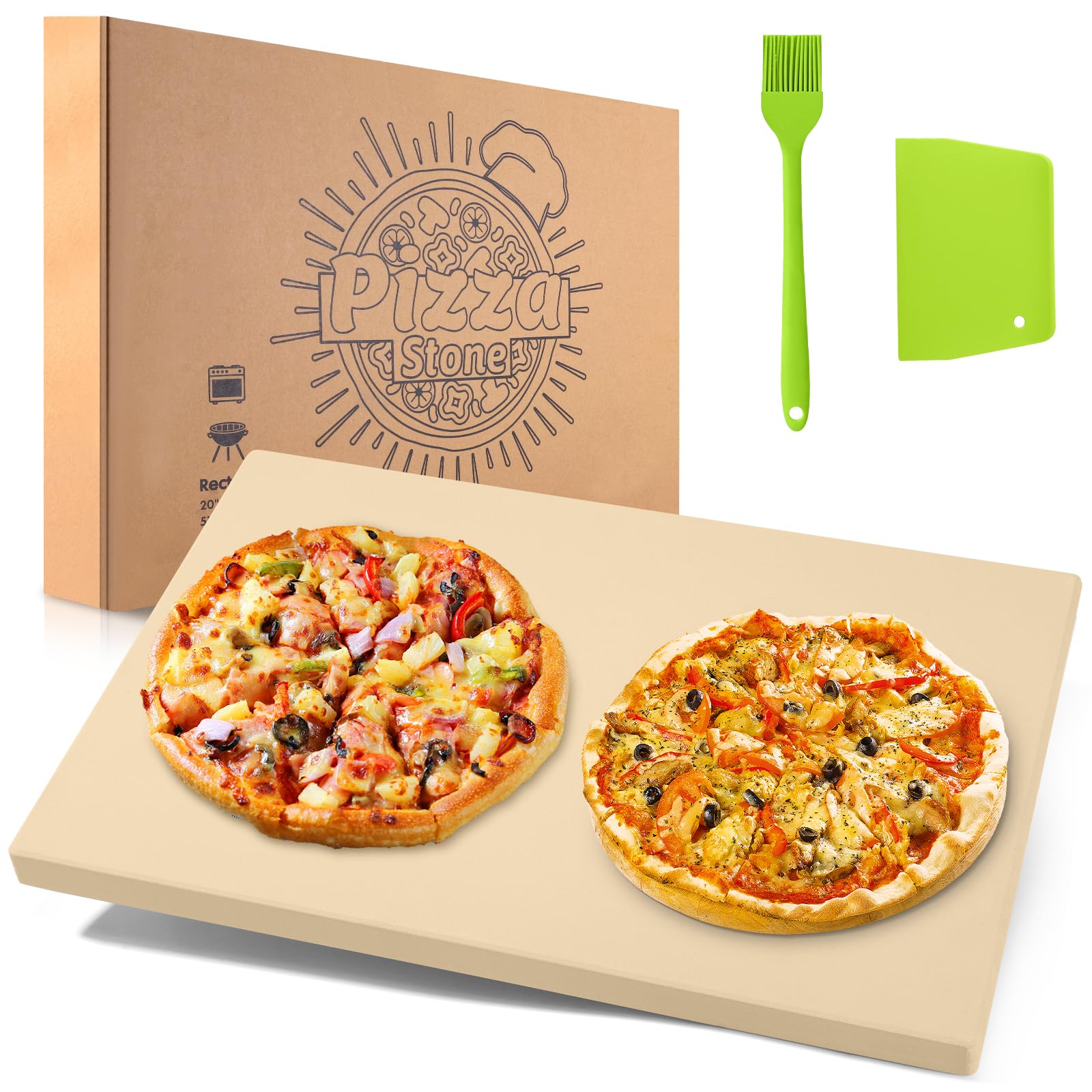 Piedra para pizza, 50,8 x 34,3 cm, piedra rectangular grande para pizza para horno y parrilla, piedra de cocina resistente que incluye raspador de plástico, cepillo de silicona, piedra para
