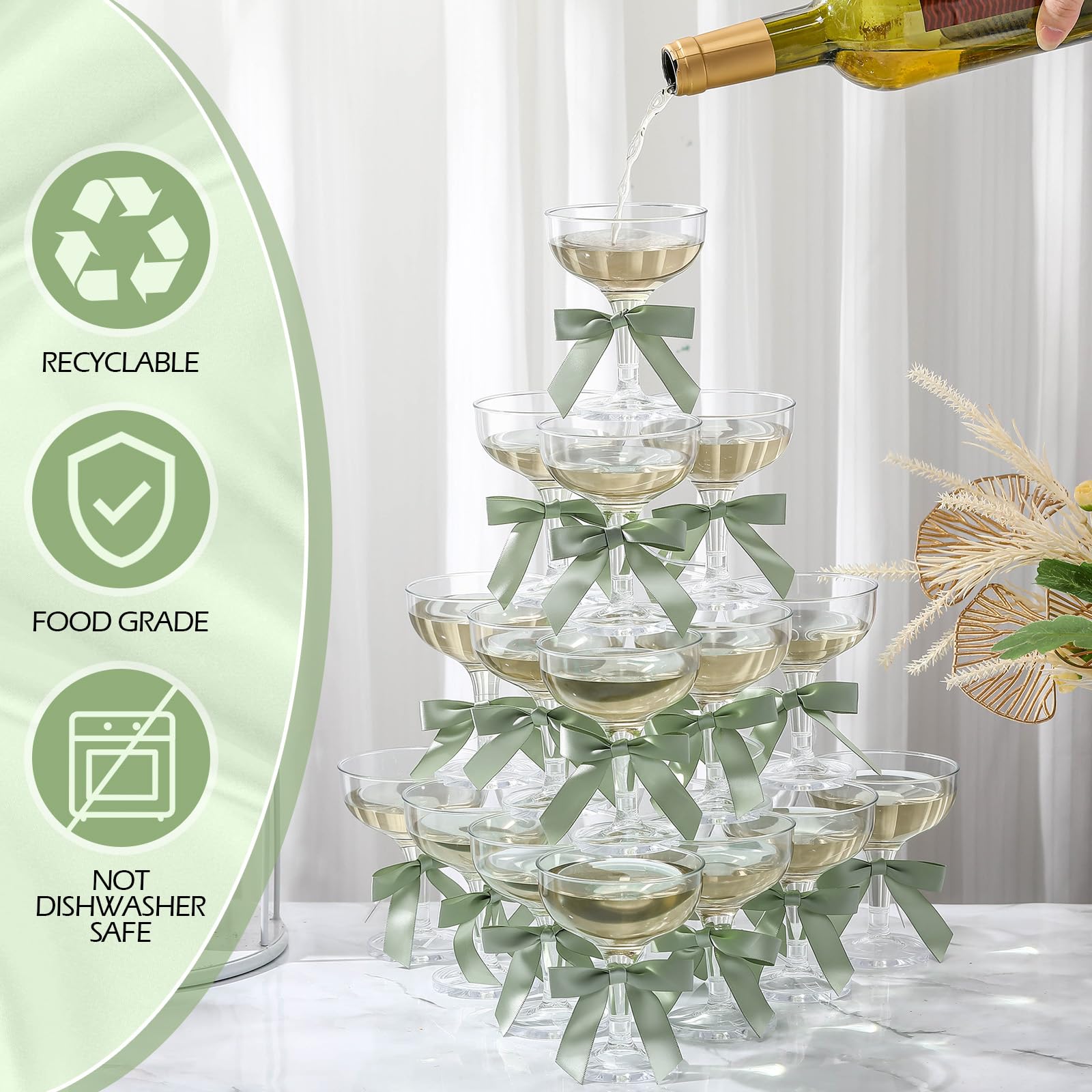 Zopeal Set di 30 bicchieri da Martini in plastica da 141,7 g, per champagne, margarita, cocktail, con fiocco, 7,1 cm, per compleanno, addio al nubilato, casa, bar, matrimoni, torri di champagne (verde