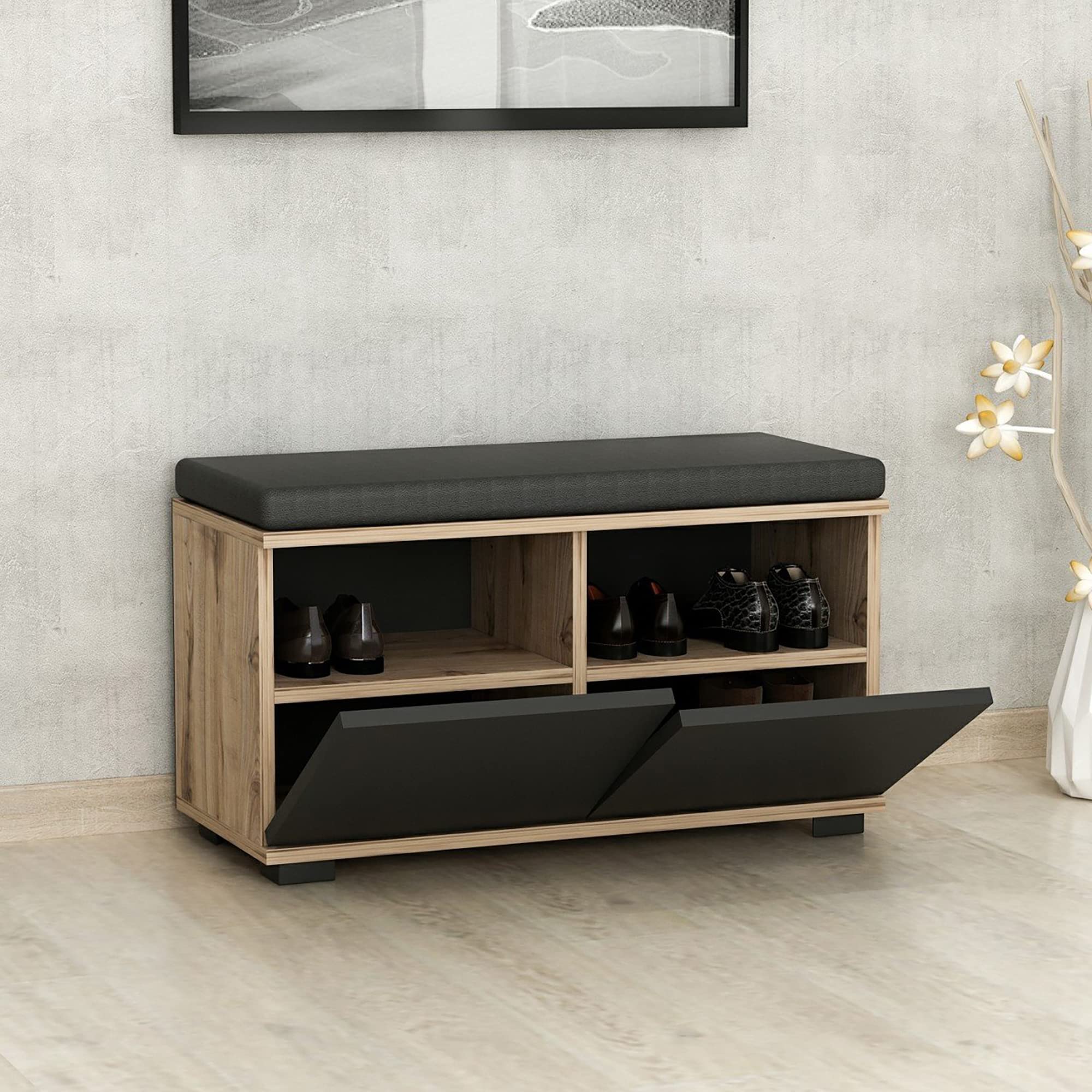 [en.casa] Panca Portascarpe con Seduta Imbottita 4 Scomparti e 2 Ante a Ribalta Mobile Scarpiera da Ingresso Corridoio 42 x 80 x 35 cm Effetto Rovere/Nero