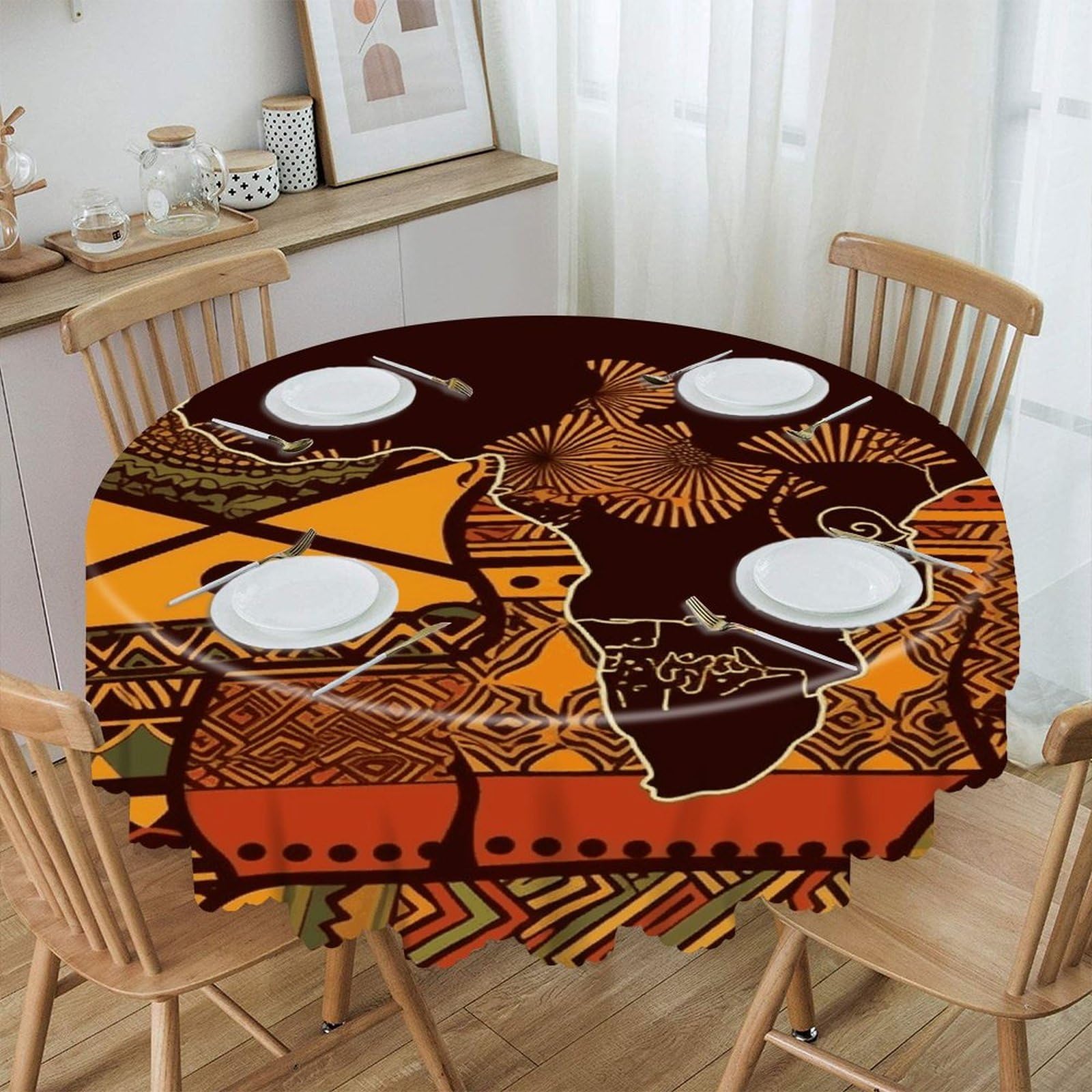 VstaDank African Map Ethnic Pattern Round Tablecloth Premium Polyester Table Cloth Heavy Duty Washable Fabric Tablecloth Waterproof Holiday Table Cover Decorative Tablecloths for Dining 60"