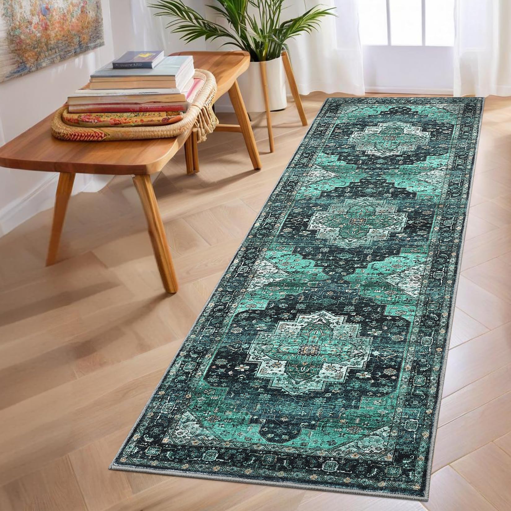 FairyStyle Washable Kitchen Runner Rugs Non Slip Classic Botanical Grove Vintage Cottage Long Rug for Hallways Bedroom TPE Rubber Backing 60x180cm Teal