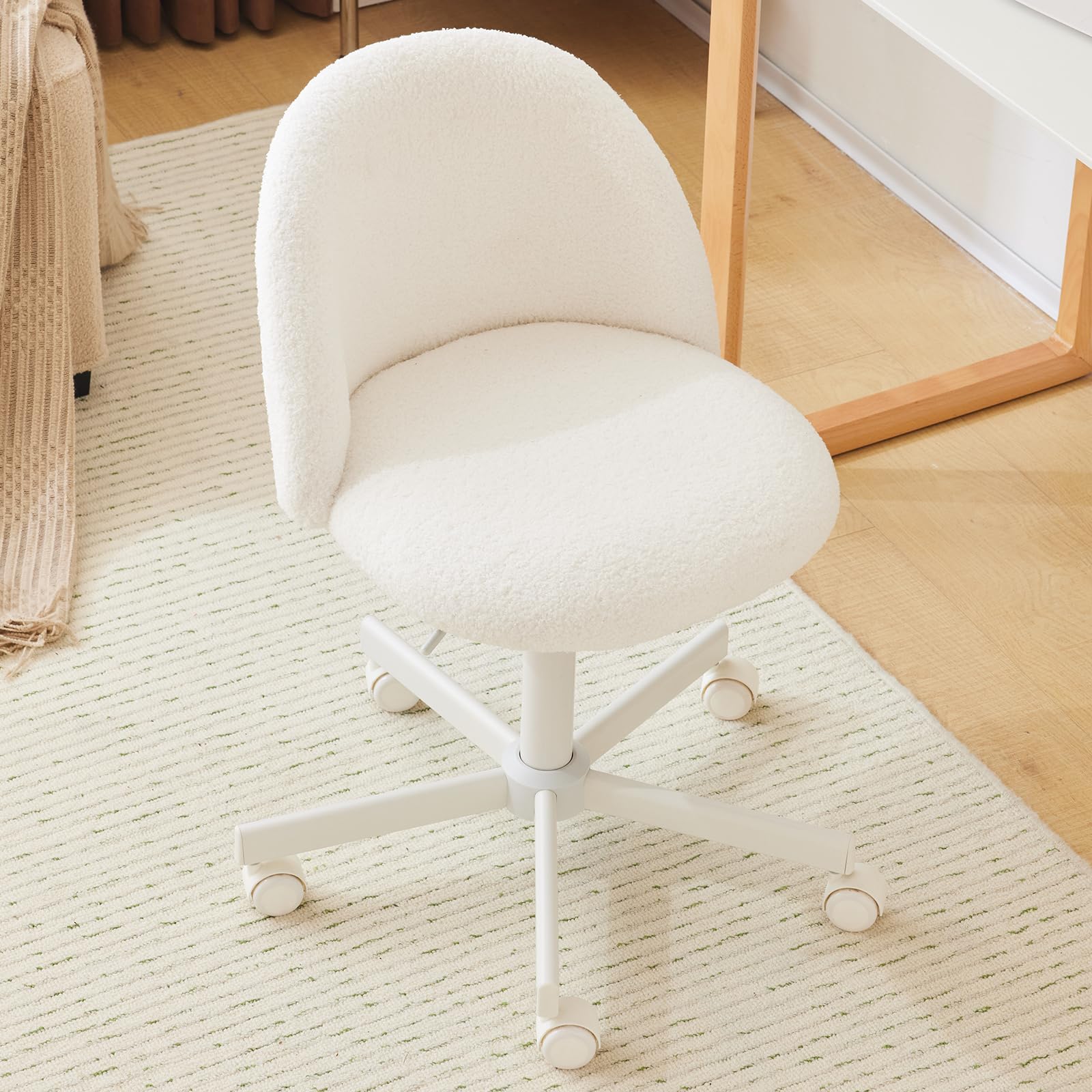 Silla de Escritorio, Silla Tocador, Oficina y Tocador, con Ruedas, Altura Regulable, Silla Compacta para Estudio, Dormitorio, Oficina en Casa, Tejido Teddy (Blanco)