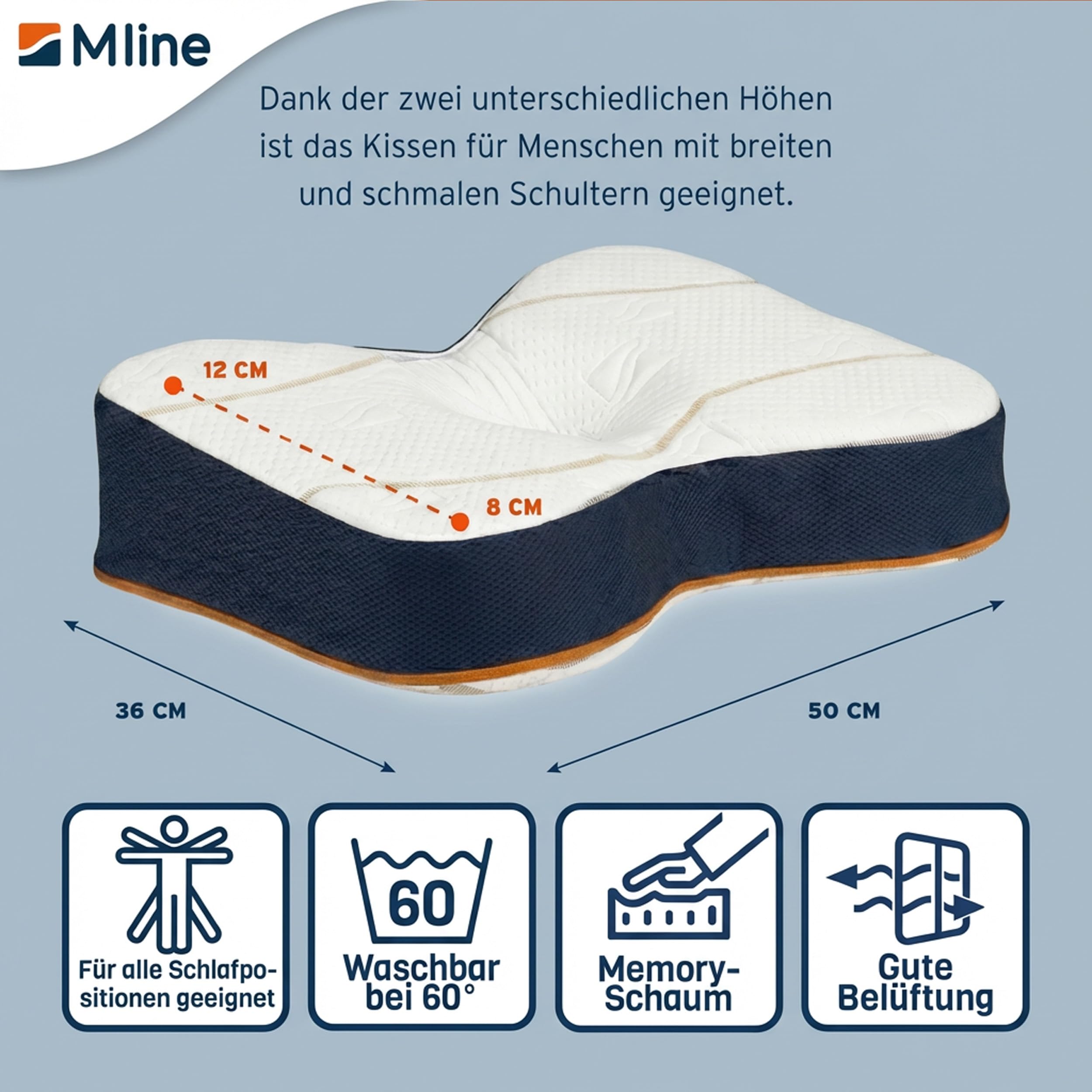 M LINE Athletic Pillow Orthopädisches Kissen mit 2X Kissenbezug (weiß) – Seitenschläferkissen & Ergonomisches Kopfkissen – Schmetterlingskissen gegen Nackenschmerzen – Optimale Lüftung – 50 x 35 x 12