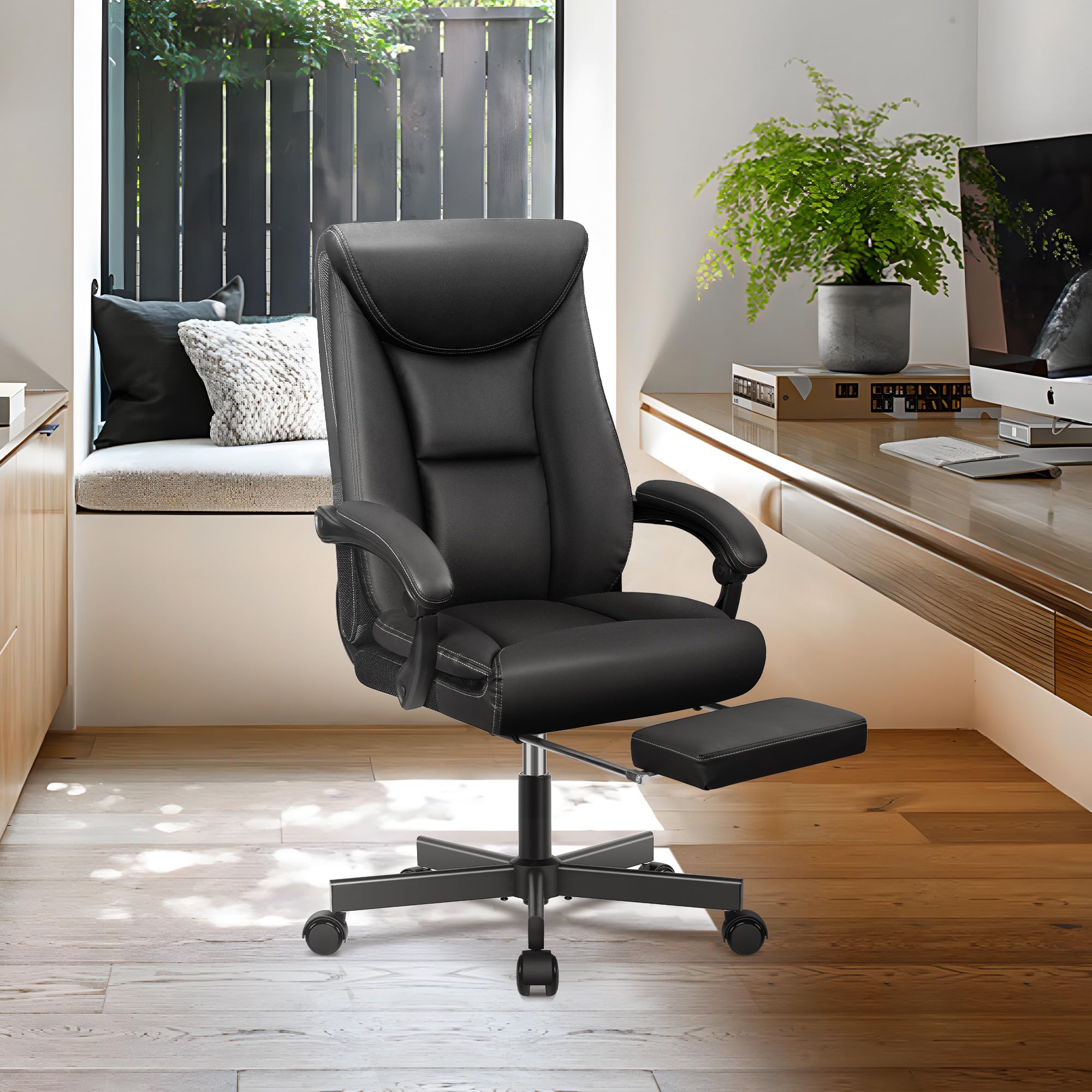 Chefsessel Breiter Bürostuhl ergonomischer Schreibtischstuhl hohe Rückenlehne 150KG mit Fußstütze Office Chair aus PU-Leder, Schwarz