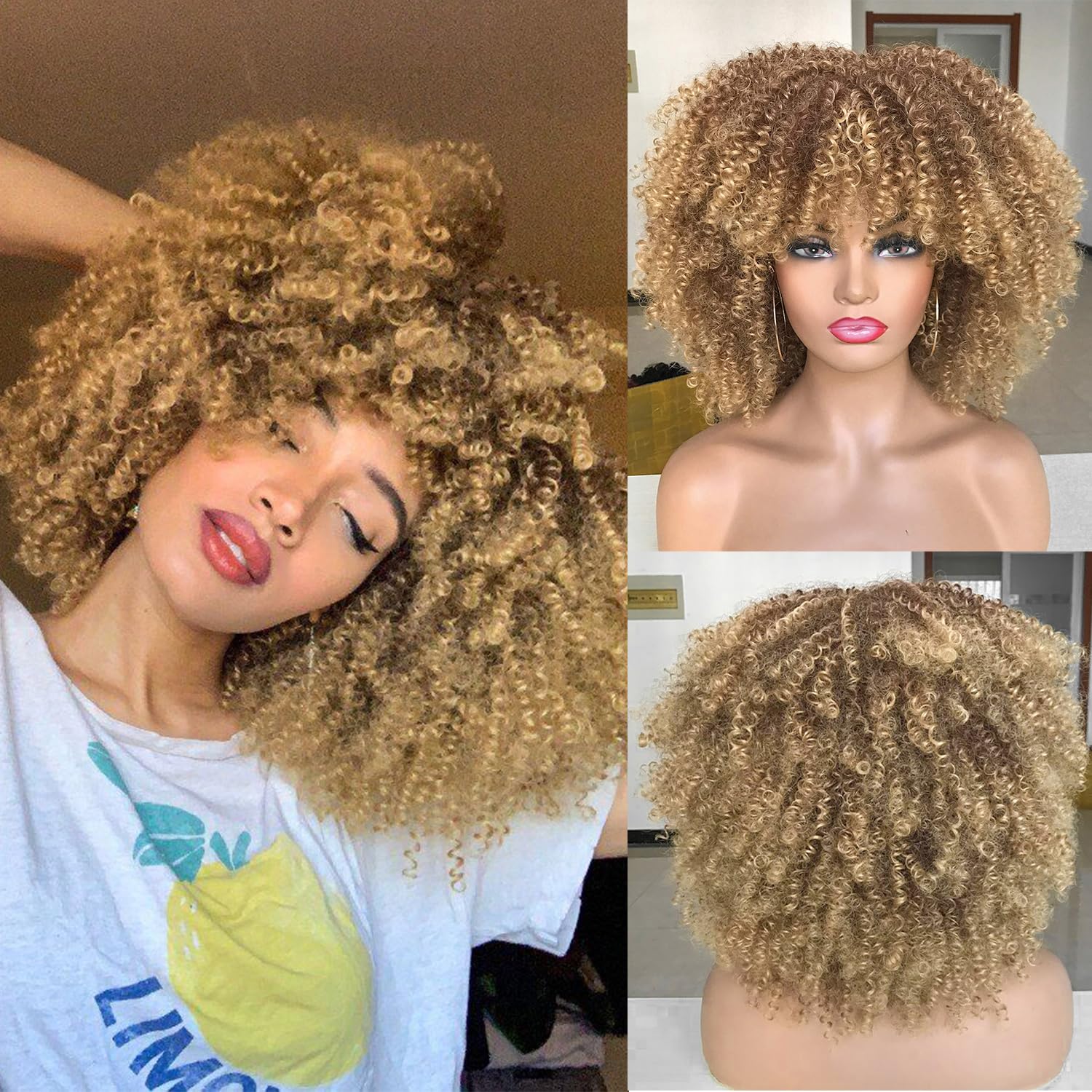 ISAMY 14inch Afro Bomb Curly Wigs for Black Women Short Afro Kinky Curly Wig with Bangs Full Curly Wig (Ombre Blonde) - Image 2