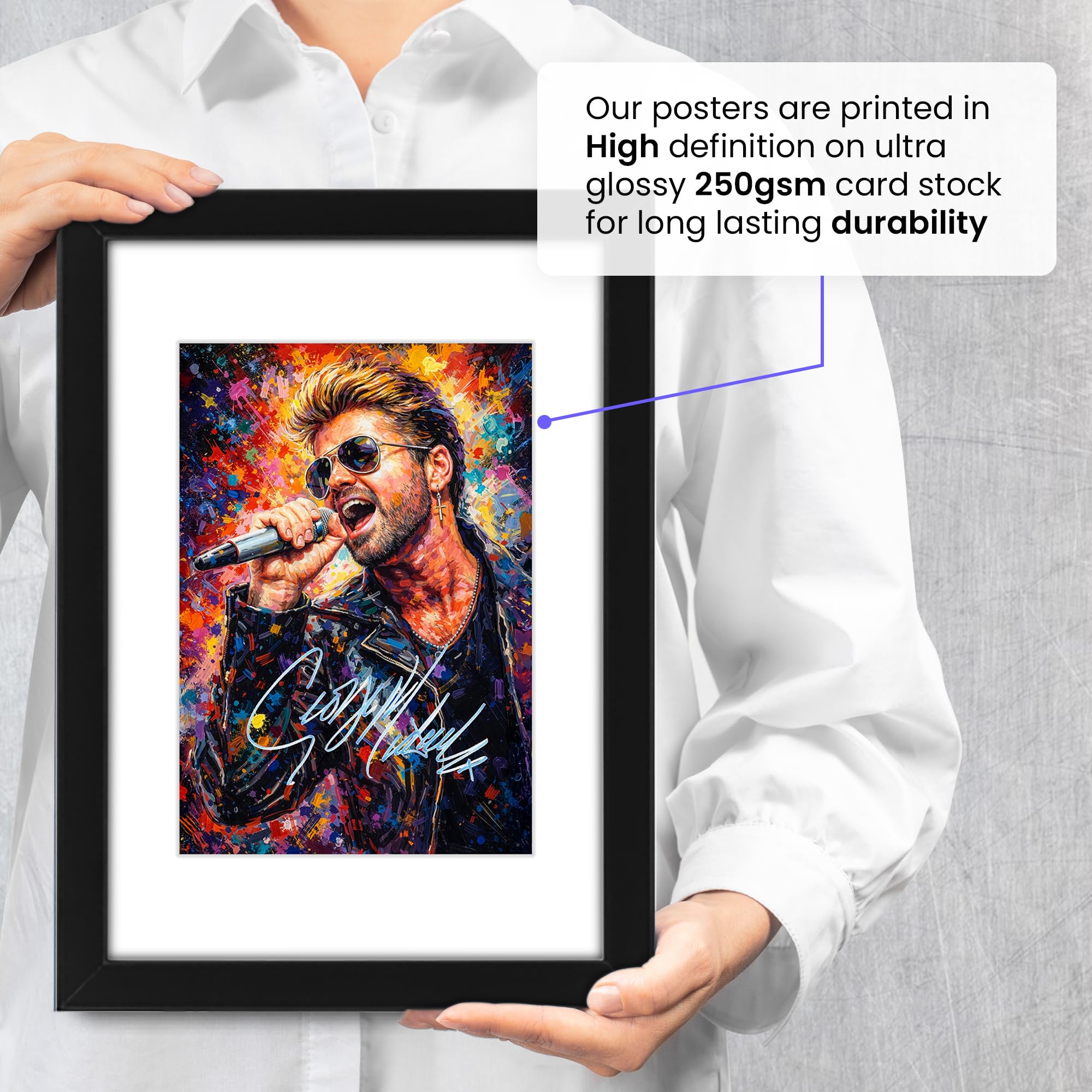 Poster con stampa autografata da George Michael, edizione limitata, idea regalo per fan degli autografi, da collezione, in stile artistico, merchandising artistico da parete (A3 incorniciato con