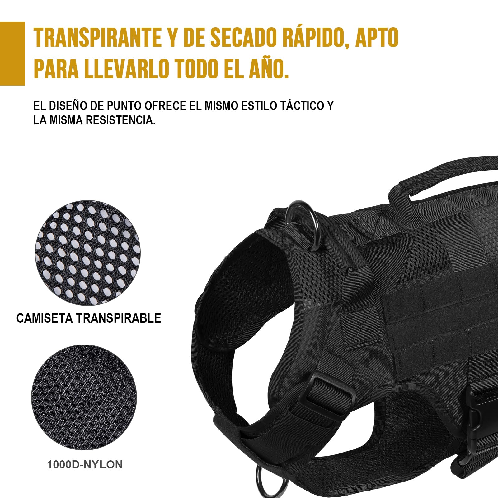 OneTigris Aire Mesh Arnés Táctico Sin Tirones para Perro Mediano, Diseño de Malla Transpirable Militar Molle Con Asas, Chaleco de Servicio para Caminar