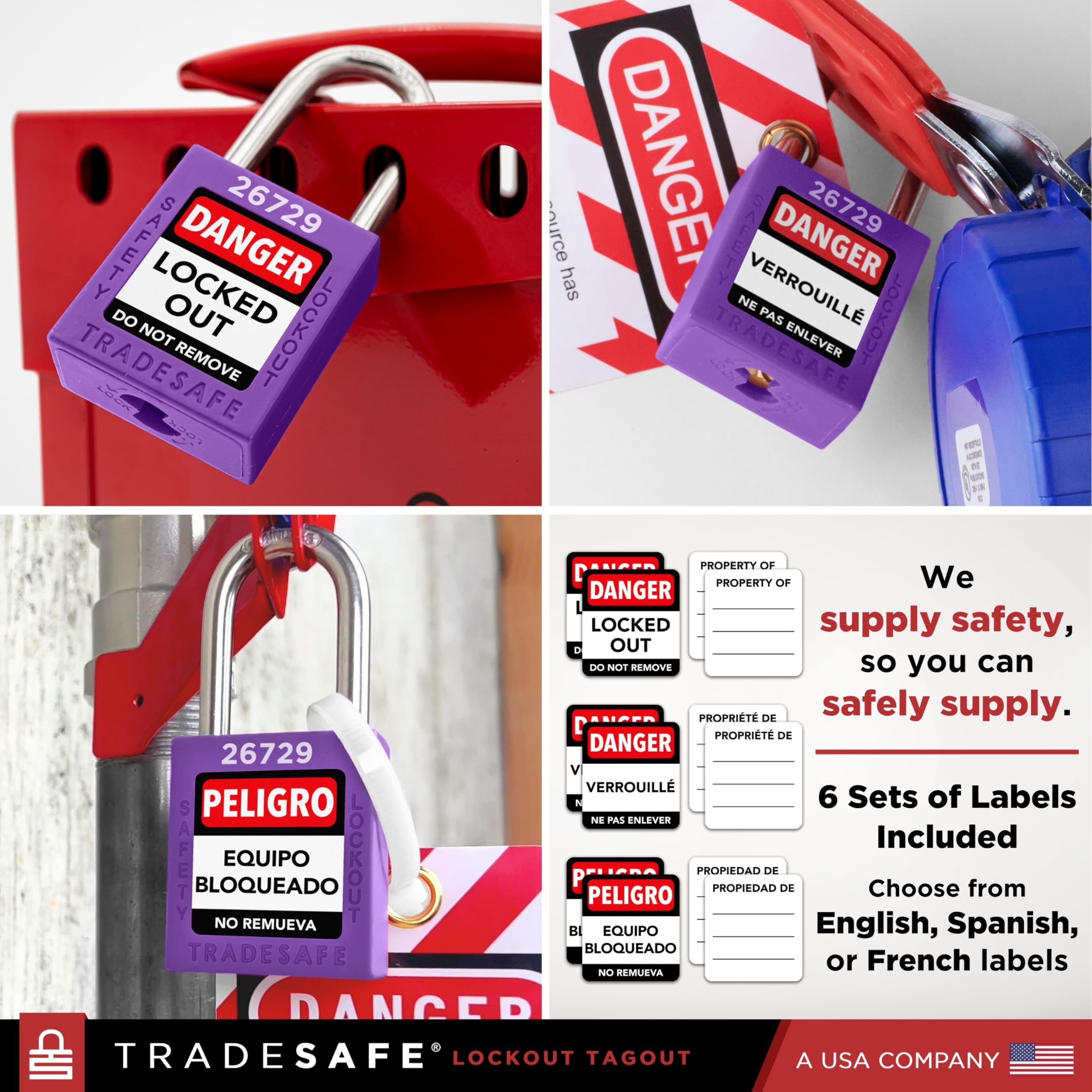 TRADESAFE Juego de cerraduras de bloqueo – 10 candados morados con llave igual, 2 llaves por cerradura, cerraduras Loto compatibles con OSHA para estaciones de etiquetado, grado premium