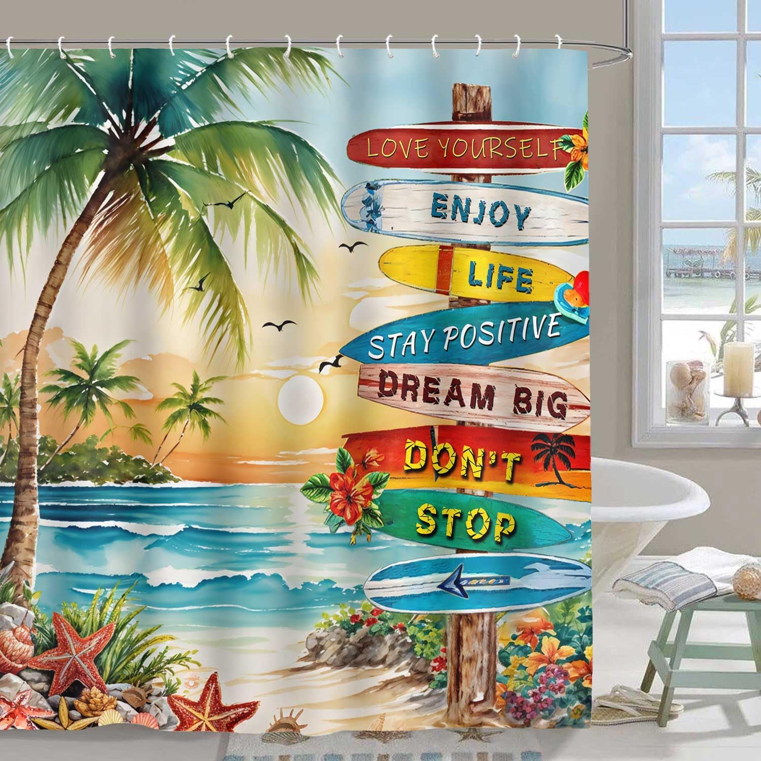Tropical Beach Shower Curtain Colorful Surfboard Ocean Coastal Inspirational Quotes Shower Curtains 72x72Inch Washable Polyester Summer Hawaiian