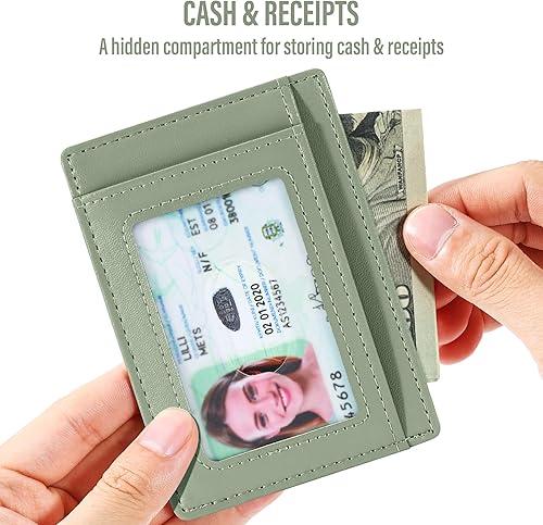 Miniatura 66 de Travelambo billetera mediana y minimalista de cuero para bolsillo frontal, con bloqueo de interferencia de radiofrecuencia, Verde, Minimalista