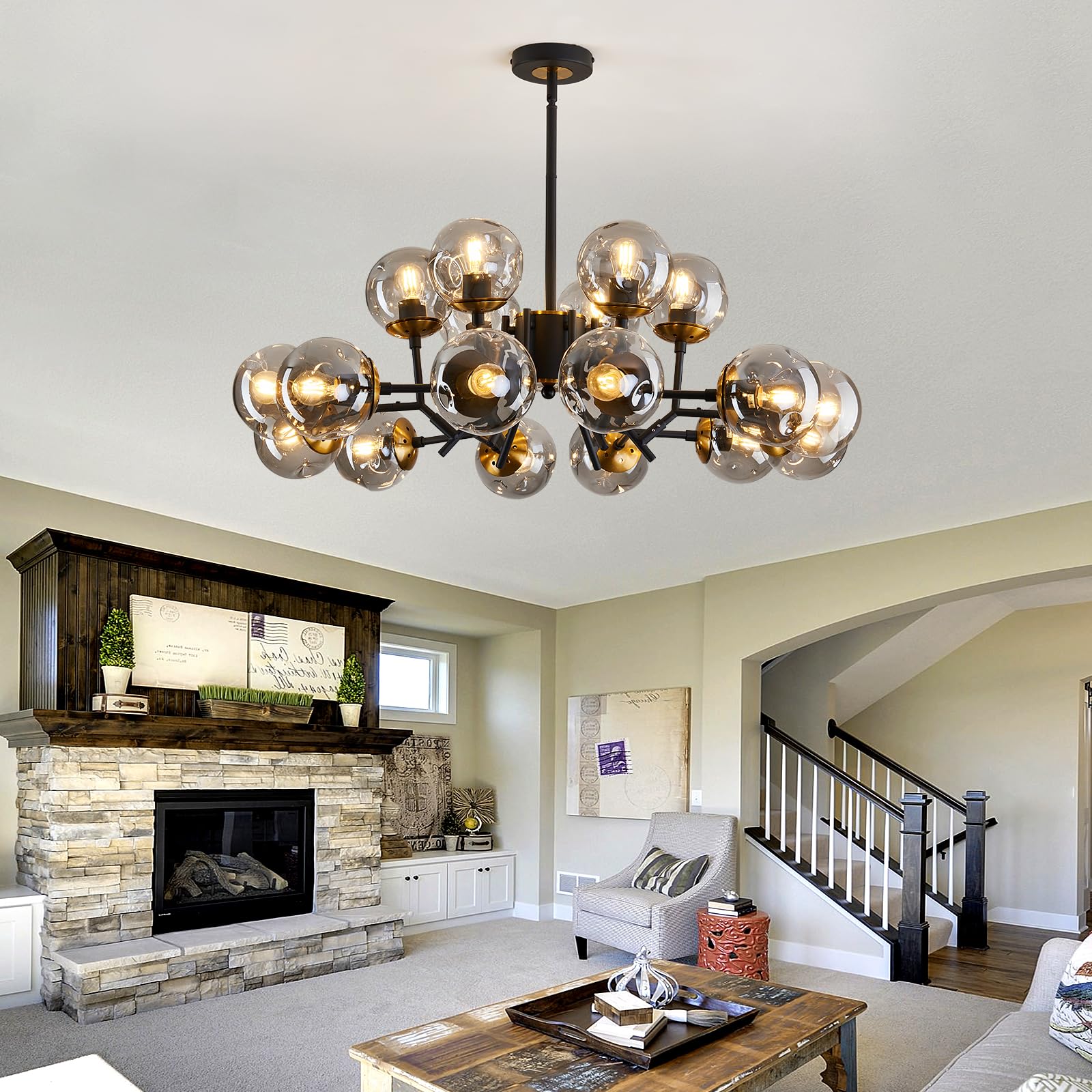 Sputnik Chandelier Dining By Fireplace