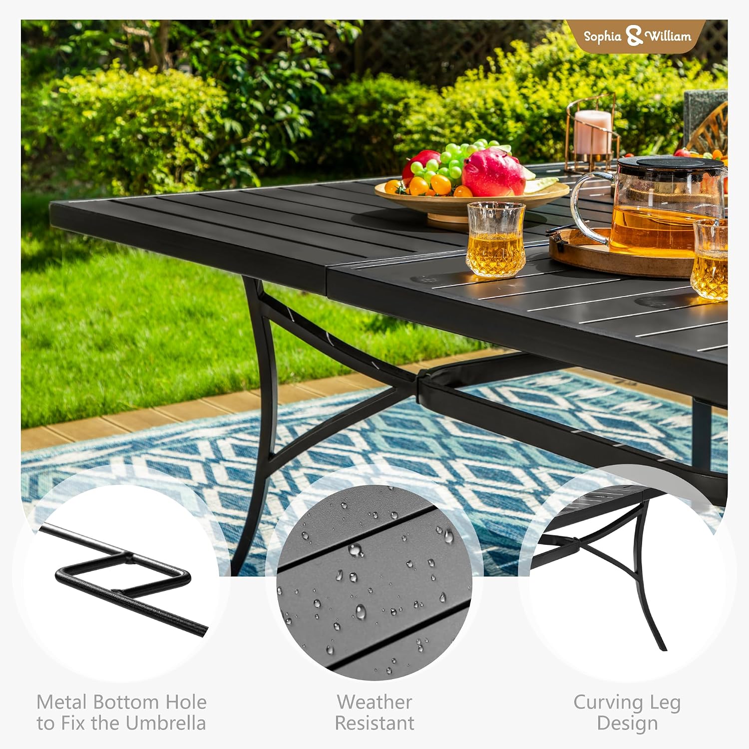 Sophia & William 9 Pieces Patio Dining Set for 8, All Weather Square Outdoor Table with Umbrella Hole, 8 Rattan Chairs with Cushions, Large Patio Table and Chairs Set for Outside, Black Tabletop