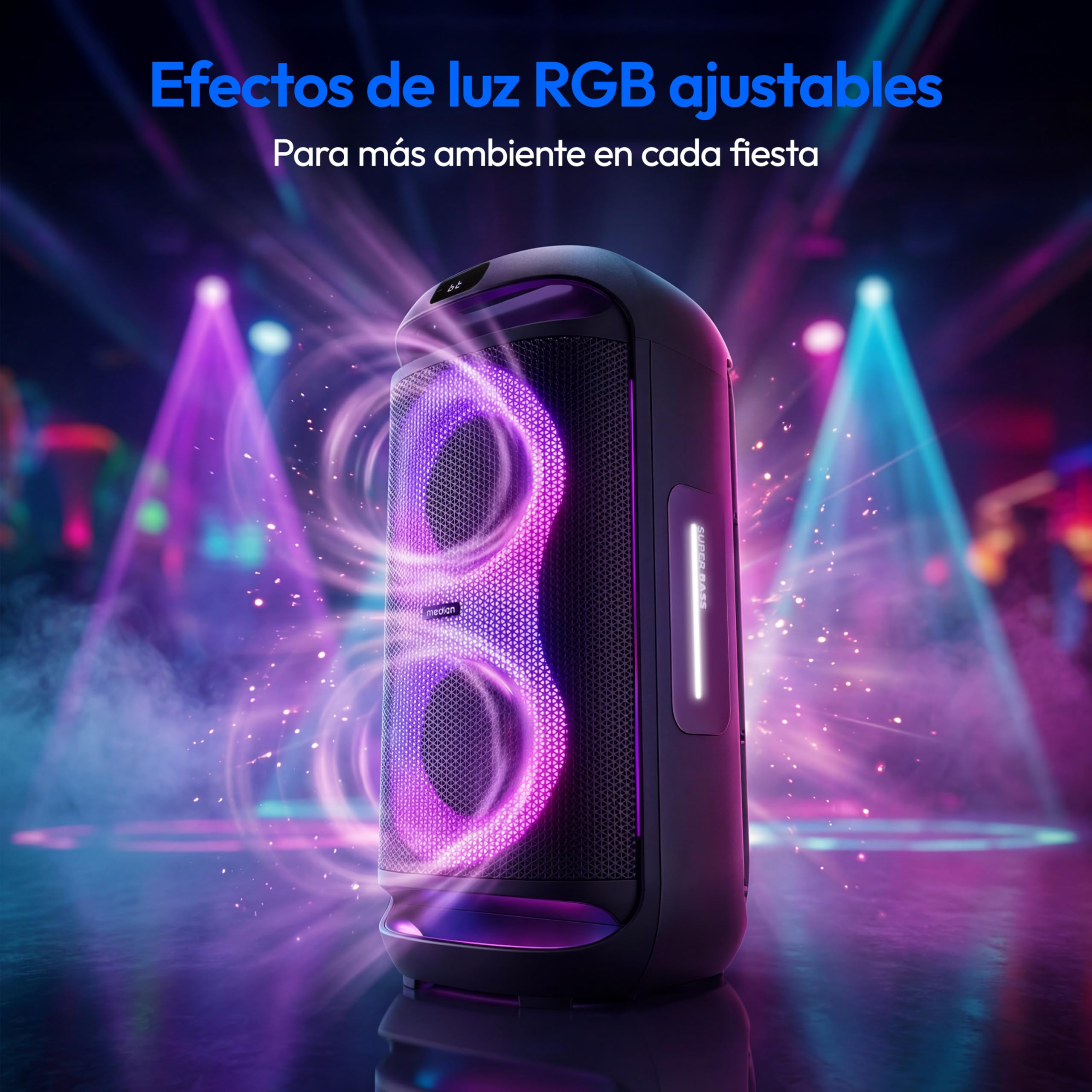 MEDION PE-2 Plus Partybox batería con micrófono - Altavoz Grande | Equipo de fiesta con karaoke, luces, entradas micro y guitarra, Bluetooth portátil, AUX, USB