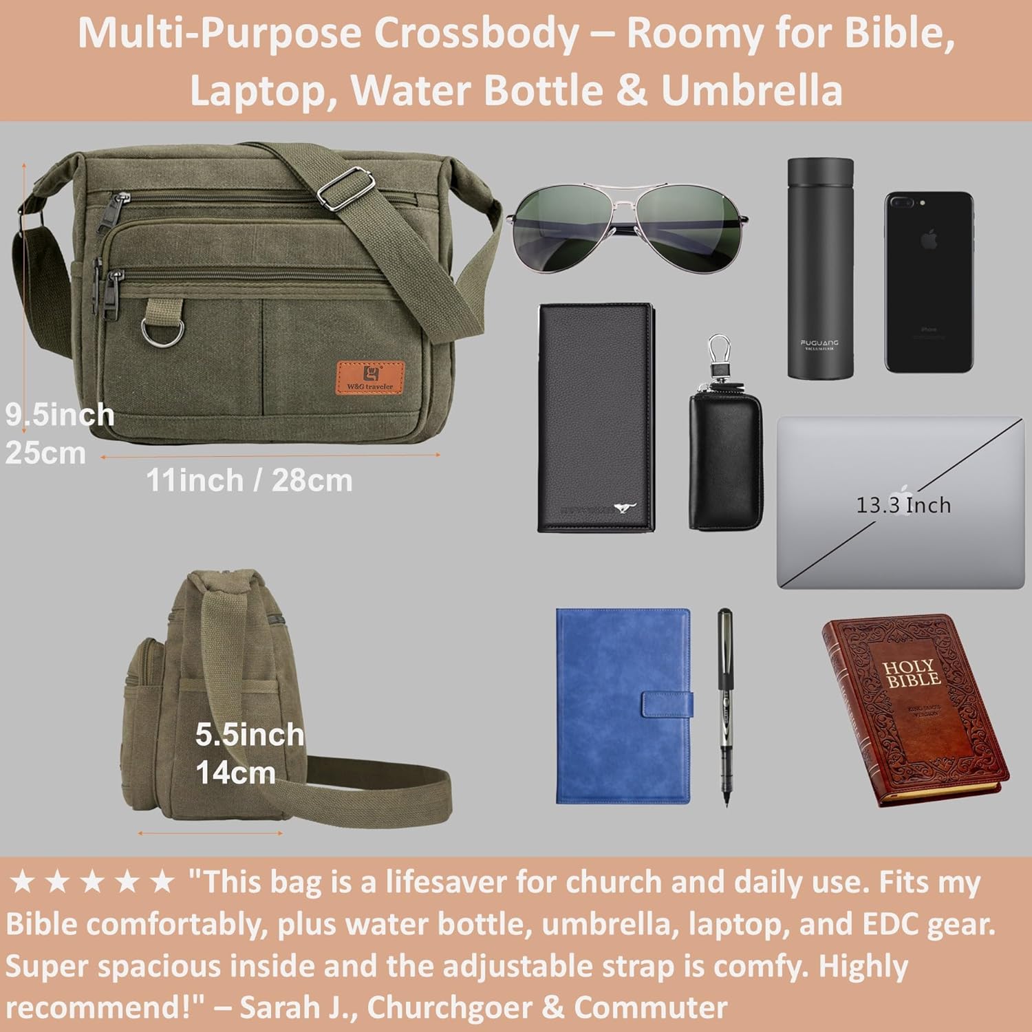 Rfid Crossbody Messenger Bag with Water Bottle Holders, 13 inch Laptop Shoulder Bag, Sling Satchel Purse w/Built-in Wallet