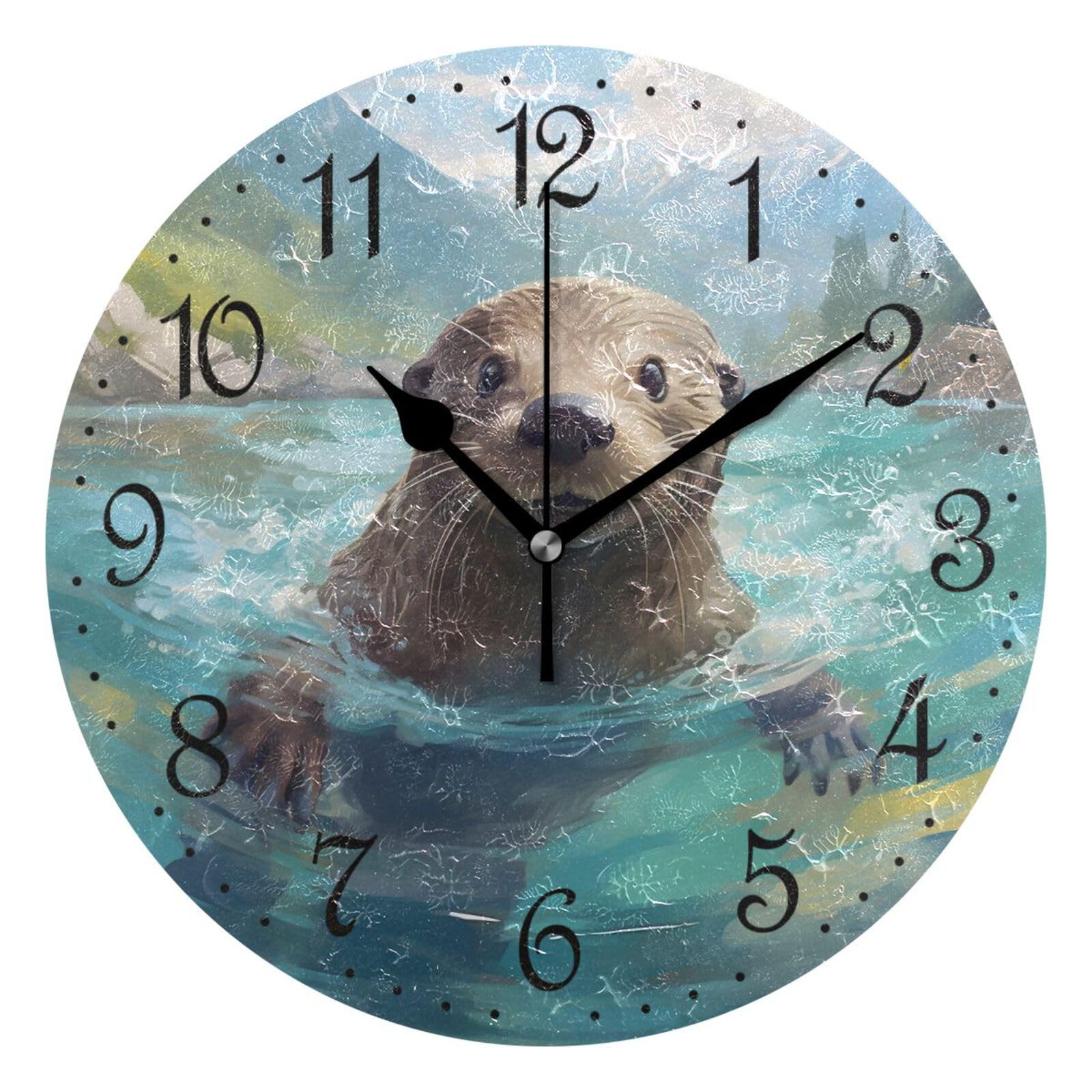 Mnsruu Wall Clock Cute Otter Water, Silent Non-Ticking Decorative Wall Clocks Battery Operated 25x25cm