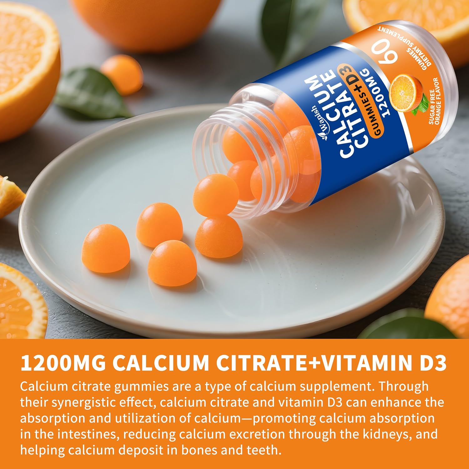 (3 Pack)Calcium Citrate 1200mg with Vitamin D3 Gummies for women & Men，Calcium Citrate Supplement for Bone & Teeth Support,High Absorption-Easy to Digest, Sugar Free,Vegan,Orange Flavor,90 Day Supply
